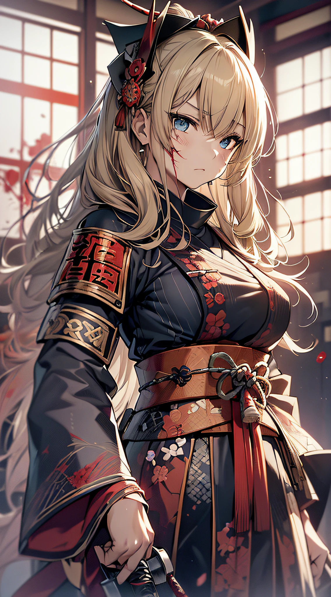 top-quality、Top image quality、masterpiece、girl with((cute little、18year old、Best Bust、Medium bust、Bust 85,Beautiful blue eyes、Breasts wide open,Valley、Blonde long hair、A slender、Black Samurai Costume、Exhausted face,He holds a sword in his right hand Japan、black and white color scheme、systemic return blood、Reflecting the whole body、sit in))hiquality、Beautiful Art、Background with((Japanese-style room、The screen is covered in blood、Bloody tatami mats、Bloody fusuma、Shoji with blood)),masutepiece、Elaborate design、visualart、depth of fields、The best lighting、highestdetailed、8k,、Art of Kurosawa World