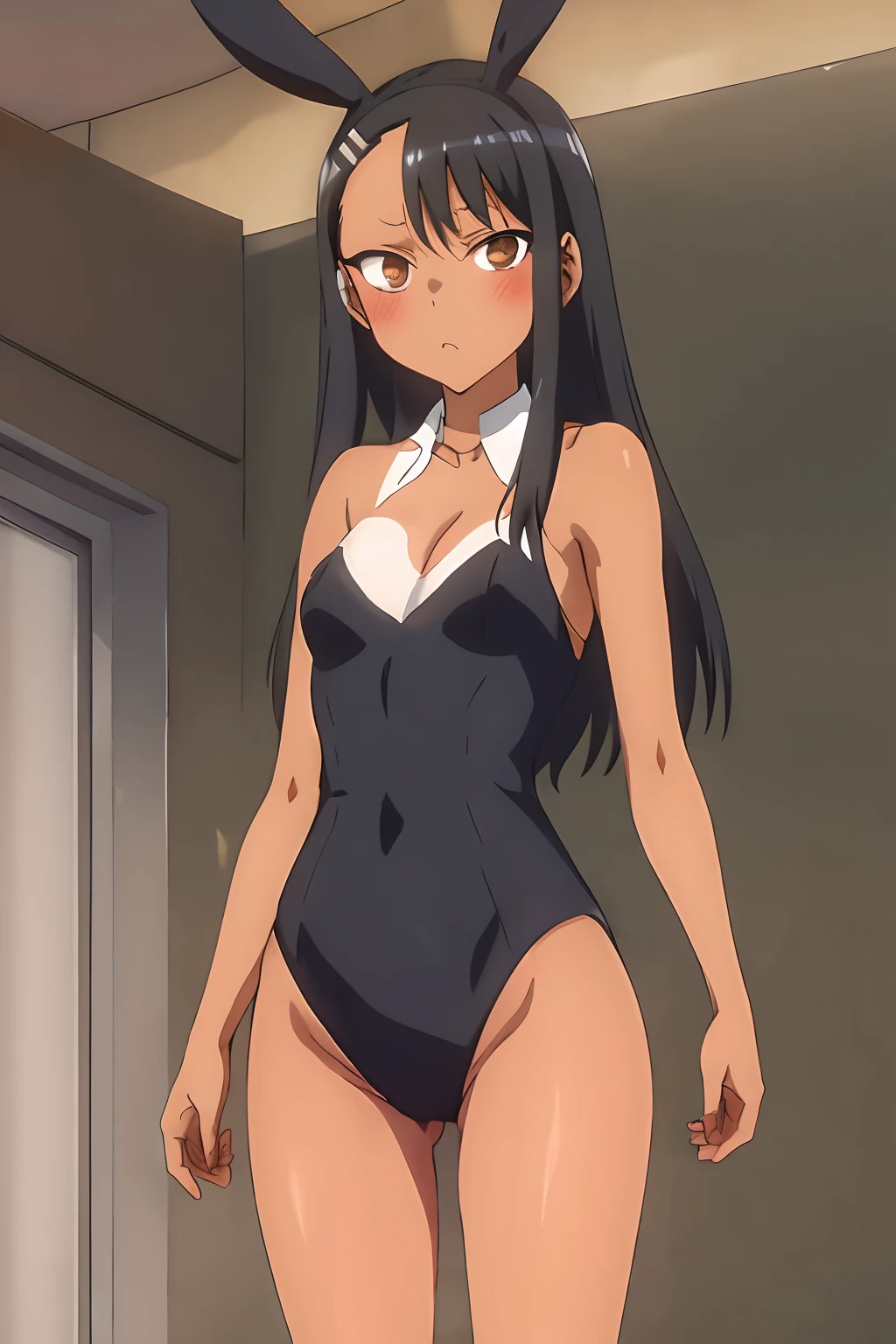 1girl, (solo), small breast, masterpiece, professional artwork, famous artwork, perfect face,nagatoro hayase, brown eyes, hairclip, black hair, cowboy shot, black hair, beautiful face, intense look, ((perfect female body, narrow waist)), background classroom,((tan lines)), looking at viewer, (((black bunny suit))), standing, (close up), cleavage, bunny ears, ((bare legs)), wide hips