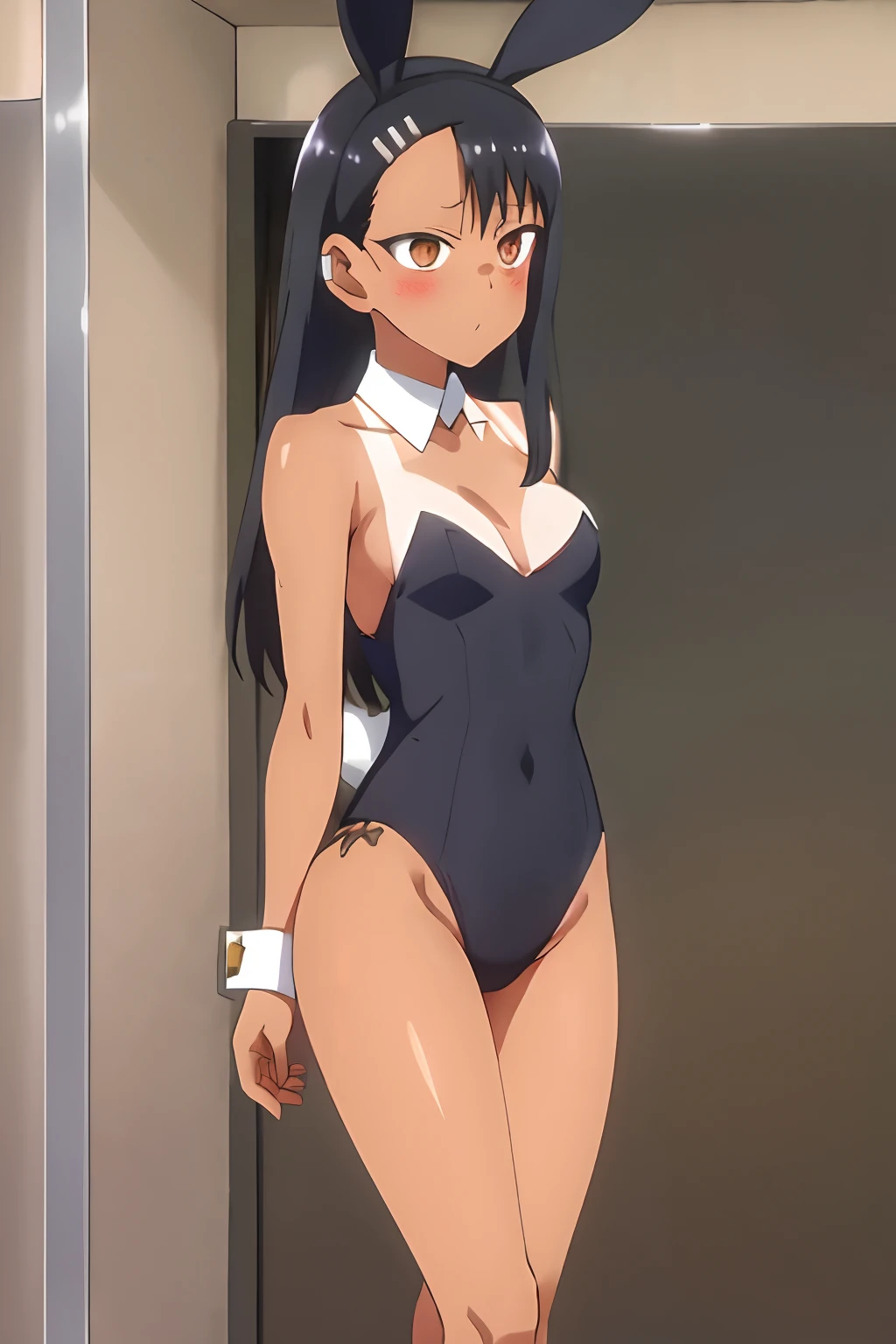 1girl, (solo), small breast, masterpiece, professional artwork, famous artwork, perfect face,nagatoro hayase, brown eyes, hairclip, black hair, cowboy shot, black hair, beautiful face, intense look, ((perfect female body, narrow waist)), background classroom,((tan lines)), looking at viewer, (((black bunny suit))), standing, (close up), cleavage, bunny ears, ((bare legs)), wide hips