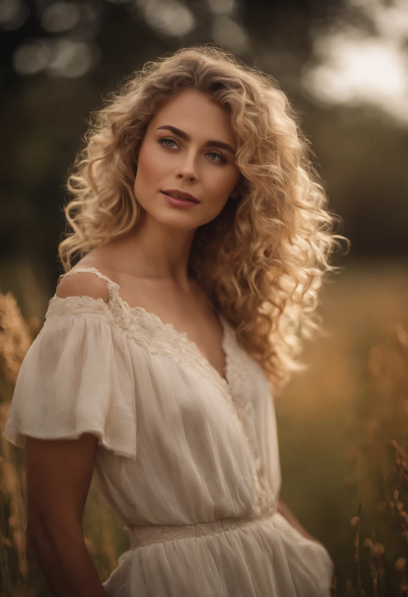 (master part:1.2), (best quality:1.2), olhos perfeitos, rosto perfeito, perfect lighting, 1girl, mature female in a field, Medium blonde hair, curly hair, roupas detalhadas, fundo exterior detalhado, maquiagem, sombra, bushy eyelashes, fantasia, Looking at the Viewer, primavera