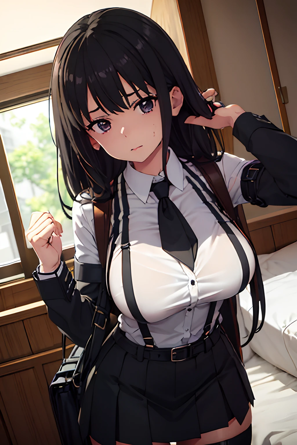 Suit,Collared shirt,Belt bag,Suspenders Black Miniskirt garterbelts knee high Stockings Black Niso Colorcon armpit sweat perspiring Side of both hands,Black tank top,Gaze,Colossal tits,Armpit sweat,Exposing the armpits"Tight clothes、raise two hands、wristbands Lying in bed Behind the back Forehead Center