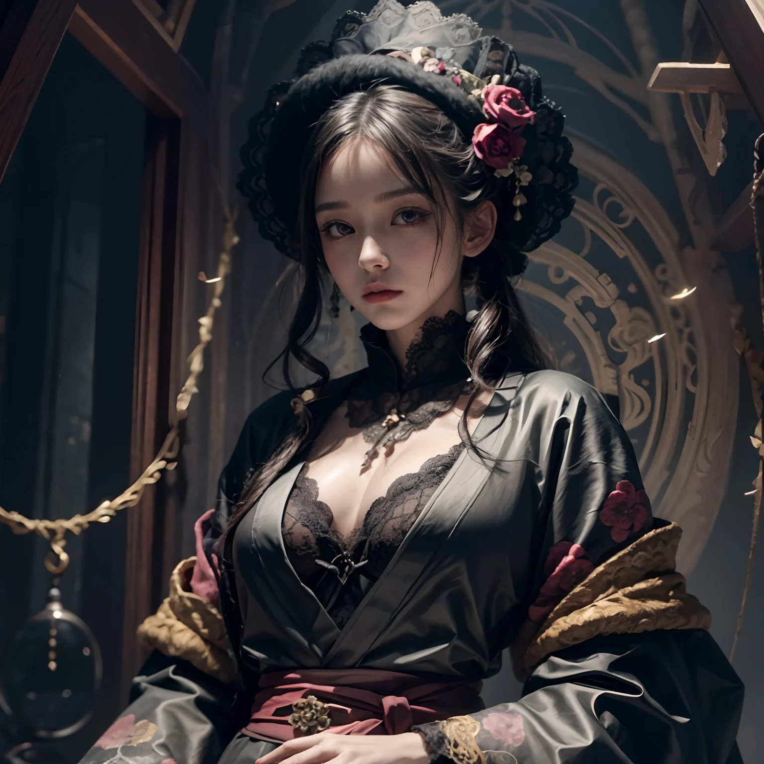 Official Art, Unity 8k wallpaper, super detailed, beautiful, beautiful girl, wearing black clothing, masterpiece, best quality, dark, atmospheric, mystical, romantic, creepy, literature, art, fashion, showa era, decoration, intricacies, fur products, lace, contemplation, emotional depth, supernatural, kimono 1girl, solo, neck, bust composition