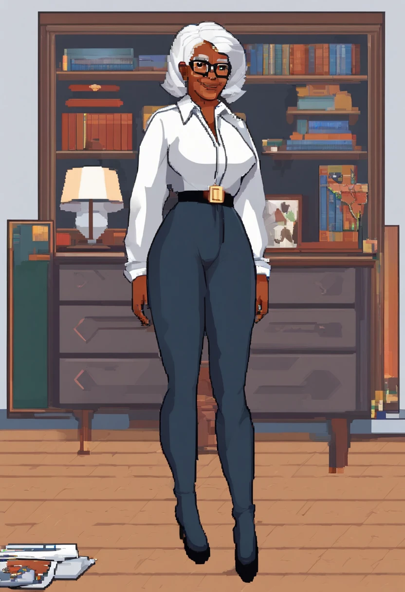 grey hair older woman, with dark skin, big ass enormous boobs, stockings, garter, high heels, frontal full body, seductive pose, spread legs, wide hips, standing upright, old livingroom, hands on hips, open legs, glasses, no panty, no pantyhose