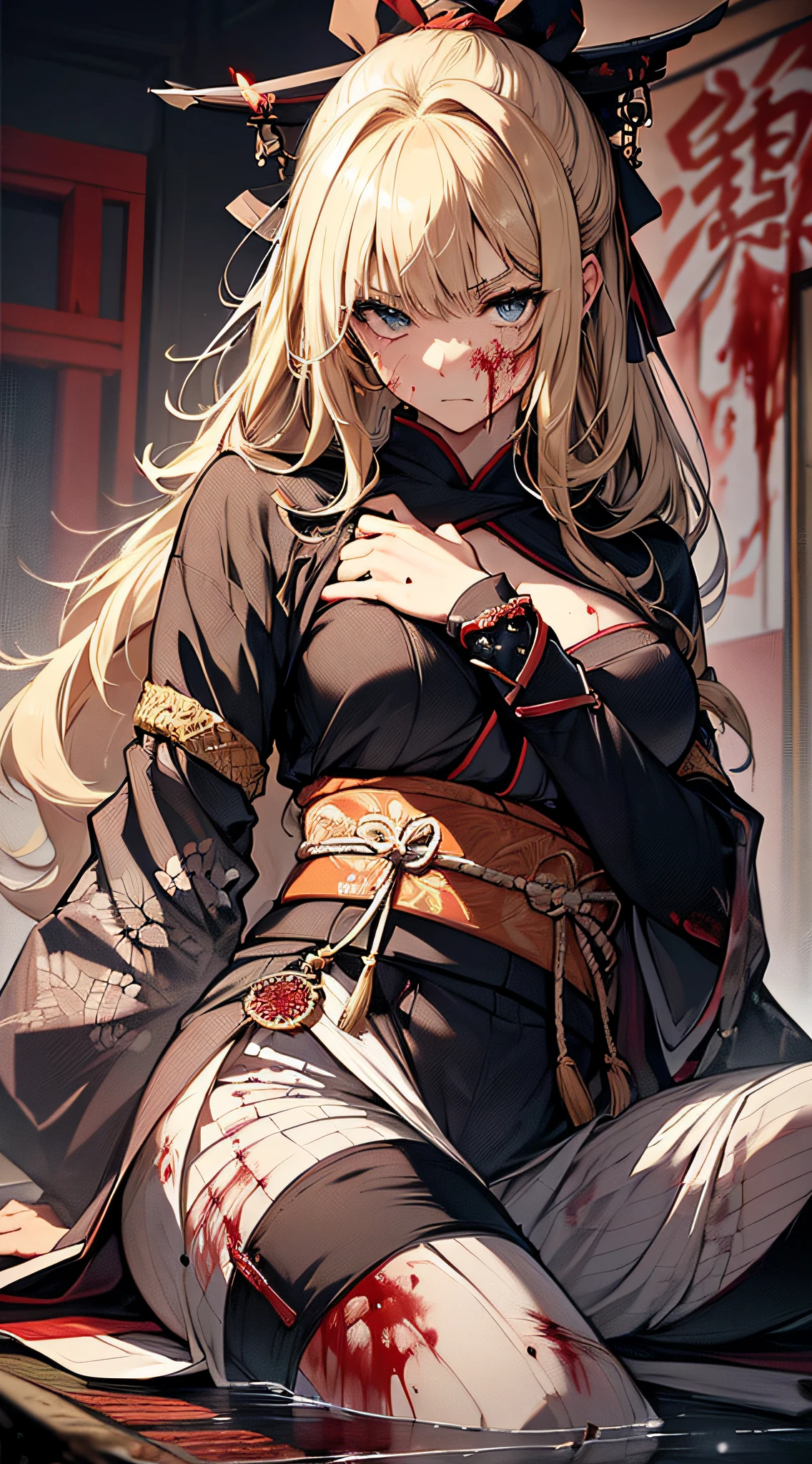 top-quality、Top image quality、​masterpiece、girl with((cute little、18year old、Best Bust、Medium bust、Bust 85,Beautiful blue eyes、Breasts wide open,Valley、Blonde long hair、A slender、Disheveled black samurai costume、Exhausted face,He holds a sword in his right hand Japan、black and white color scheme、systemic return blood、Reflecting the whole body、laying on back)）hiquality、Beautiful Art、Background with((Japanese-style room、The screen is covered in blood、Bloody tatami mats、Bloody fusuma、Shoji with blood)),masutepiece、Elaborate design、visualart、depth of fields、The best lighting、highestdetailed、8ｋ,、Art of Kurosawa World
