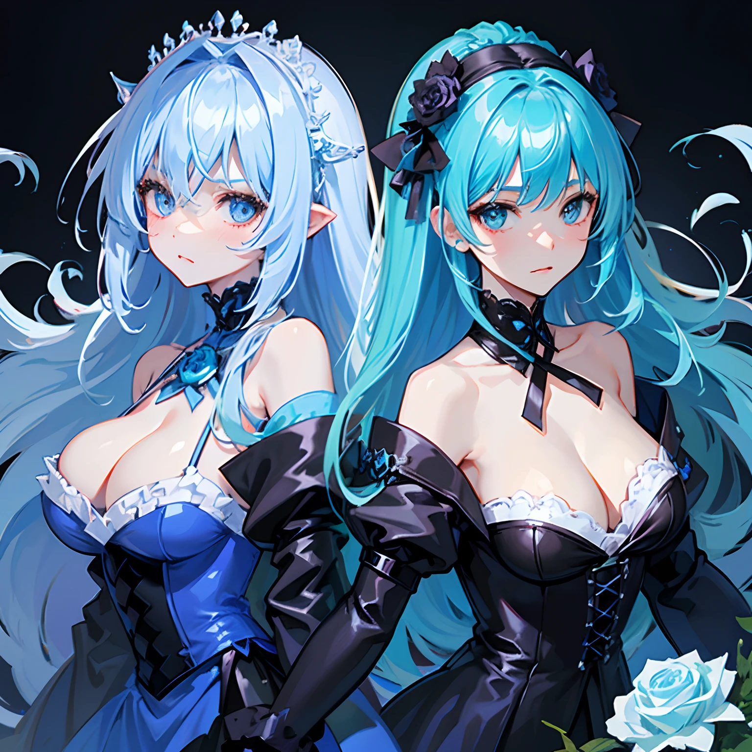 Gothic,Ice blue super long hair,Tsundere,Blue rose