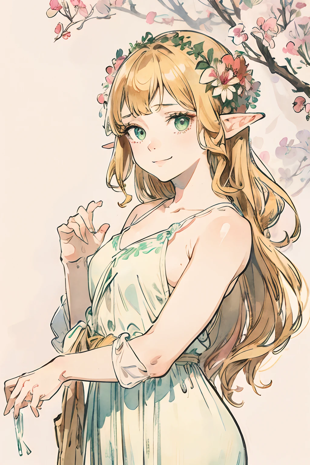 SFW,masutepiece, Best Quality, High resolution, 1girl in, upper body, Details Girl, detail hands, Detail fingers, Detail Face, detail legs, 1girl in, elf, watercolor paiting, pale skin, Petite, Blonde hair, Long hair, Wavy Hair, Green eyes, tareme, medium breasts, white sundress, Bare back, many flower,flower background,looking at viewer,[[tears]],smile,gardener king