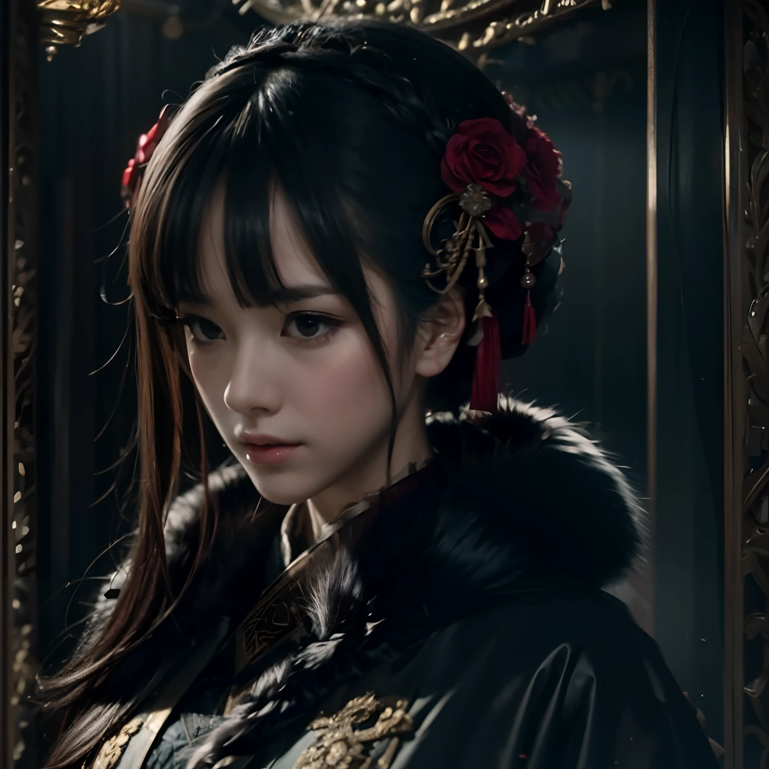 Official Art, Unity 8k wallpaper, super detailed, beautiful, beautiful girl, wearing black clothing, masterpiece, best quality, dark, atmospheric, mystical, romantic, creepy, literature, art, fashion, showa era, decoration, intricacies, fur products, lace, contemplation, emotional depth, supernatural, kimono 1girl, solo, neck, bust composition, Realistic, bokeh, lens_flare,Natural light,portrait,Grey Film filter,(KODAK Ektar 100:1.2)