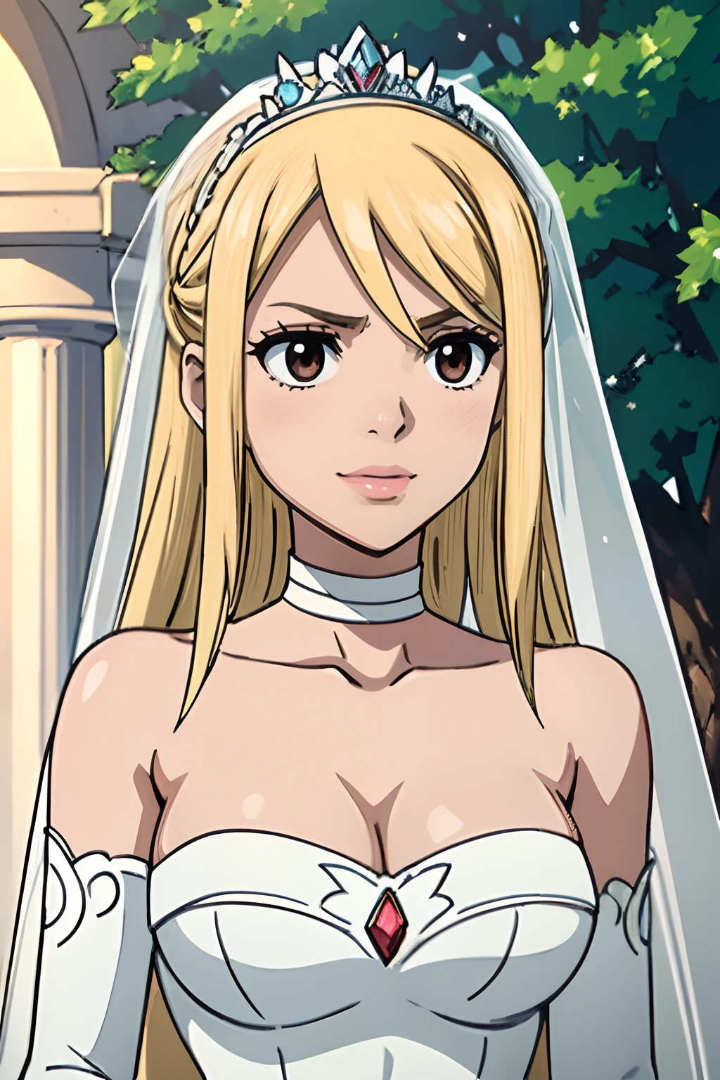 hair between eyes, ahoge, brown eyes,blond hair, star \(symbol\), hair ornament, dress, cleavage, bare shoulders, collarbone, long white elbow gloves, white gloves, white dress, white choker, strapless, tiara, veil, strapless dress, wedding dress, bridal veil, beautiful woman, perfect body, perfect breasts, wearing a wedding dress, ball gown, in the park trees, wedding decorations, a in love smile, realism, masterpiece, textured skin, super detail, high detail, high quality, best quality, 1080p, 16k