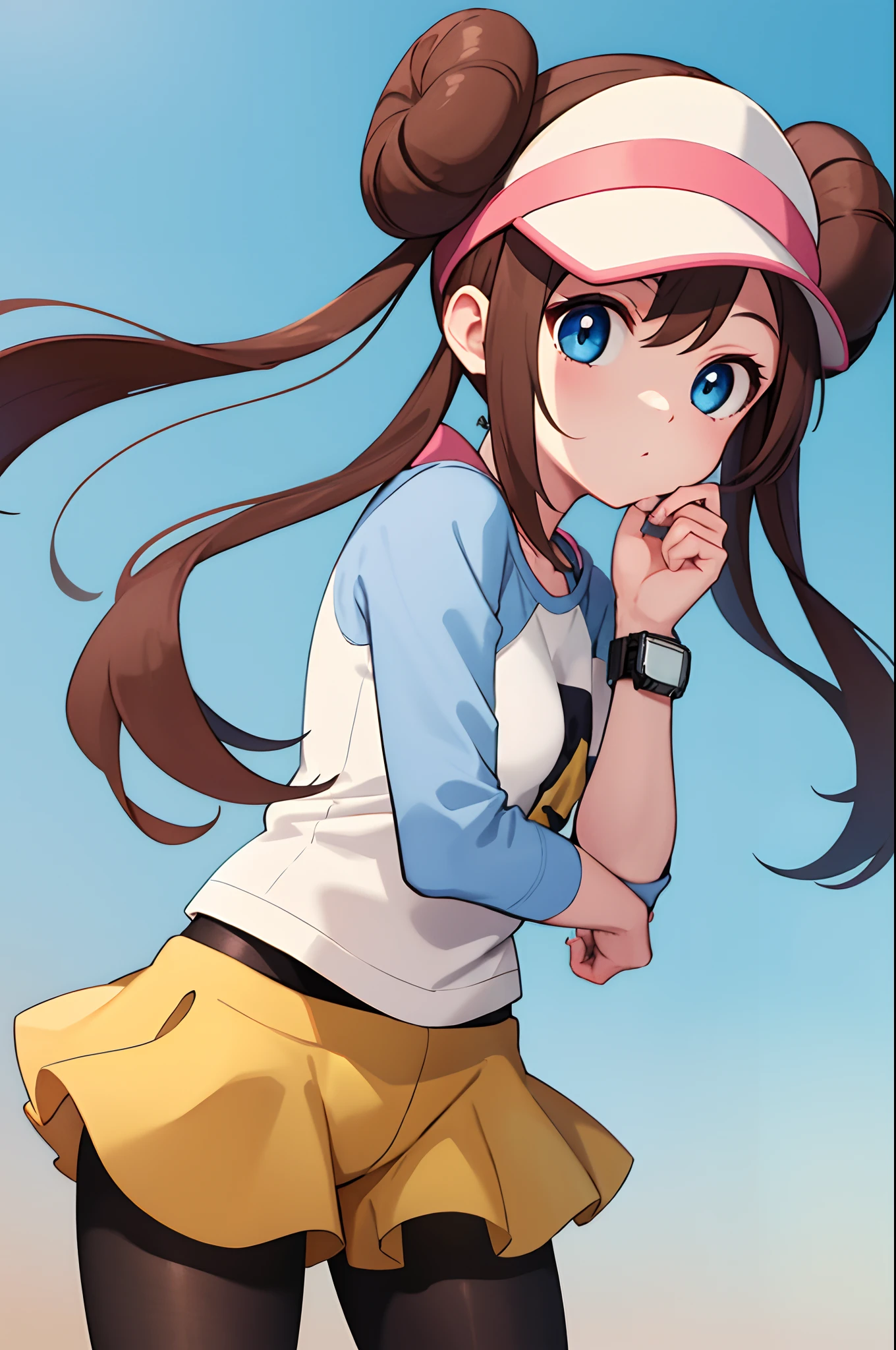 masterpiece, best quality, highres, ro1, hair bun, blue eyes, twintails, visor cap, pantyhose, raglan sleeves, yellow shorts, shirt, pink bow, wristwatch, standing, hand on own chin, outdoors, cowboy shot,