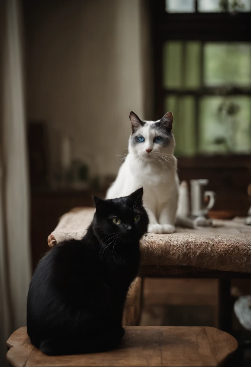 mulher negra olhos verdes cabelo cacheado, vestido floral, Using a sewing machine that's on a table, uma gato em cima da mesa tambem, White cat blue eyes a black spot on the head between the ears and the black tail,
