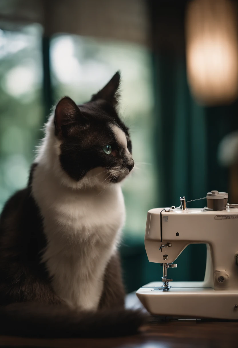 mulher negra olhos verdes cabelo cacheado, vestido floral, Using a sewing machine that's on a table, uma gato em cima da mesa tambem, White cat blue eyes a black spot on the head between the ears and the black tail,