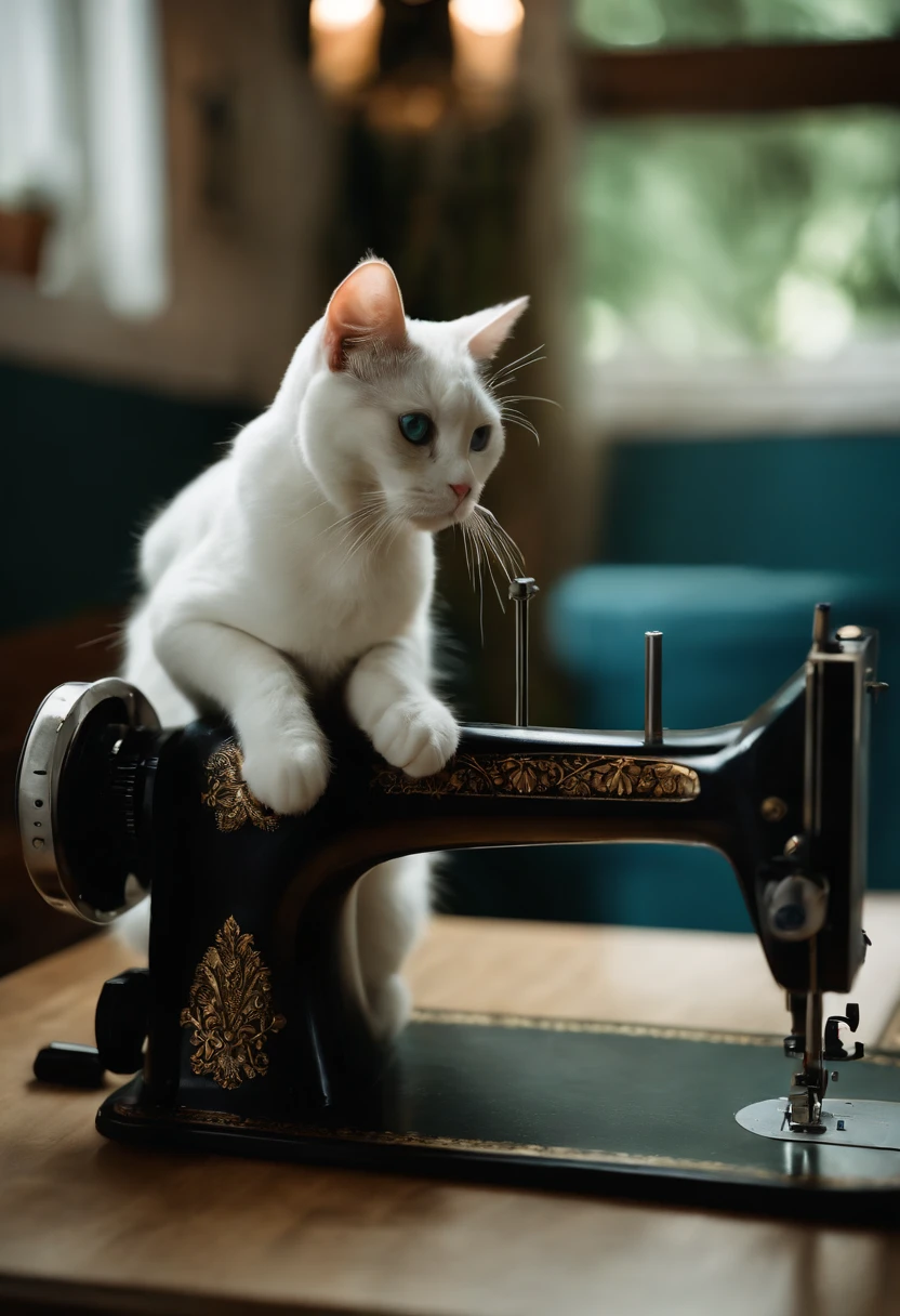 mulher negra olhos verdes cabelo cacheado, vestido floral, Using a sewing machine that's on a table, uma gato em cima da mesa tambem, White cat blue eyes a black spot on the head between the ears and the black tail,