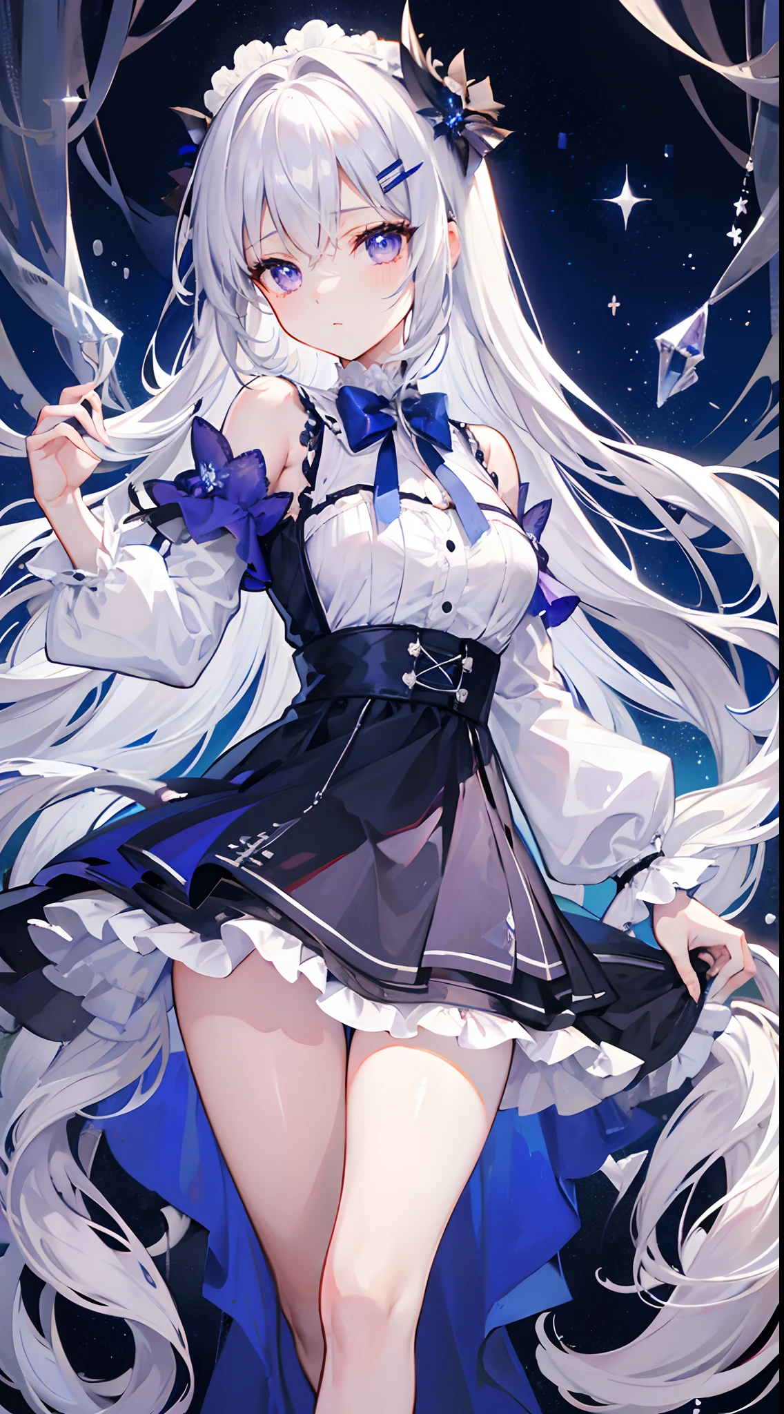 Long silver-white hair and waist，Scattered hair curtains，Two strands of hair curtain，Deep purple eyes，high light，Loving pupils，Gorgeous turn，Like dancing，Dark blue sailor dress off-the-shoulder dress，The skirt fluttered as she turned，White bloomers show some，Light blue bow tie，Crystal hairpin，under the starry night sky，，chiquita，Medium build，
