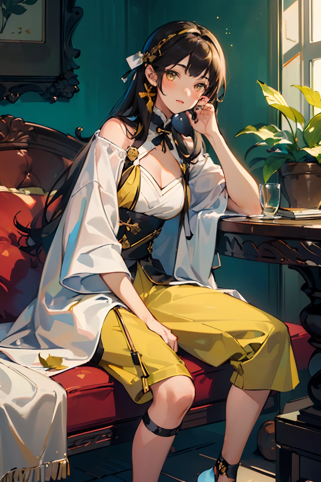 (AS-Young:1.7), (1girl:1.8), (female focus:1.2), (cute:1.7) solo, solo focus, masterpiece, ((exquisite_detail)), illustration, (handsome), extremely_detailed_CG, dark hair, gold eyes, black, blush, golden robe, merchant, leaf, looking at viewer, sitting down, (spread legs:0.9), (barefoot:0.9), cute girl