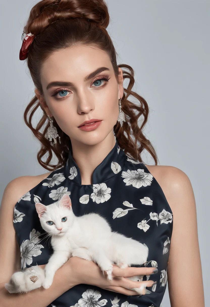 mulher negra olhos verdes cabelo cacheado, vestido floral, Using a sewing machine that's on a table, uma gato em cima da mesa tambem, White cat blue eyes a black spot on the head between the ears and the black tail,