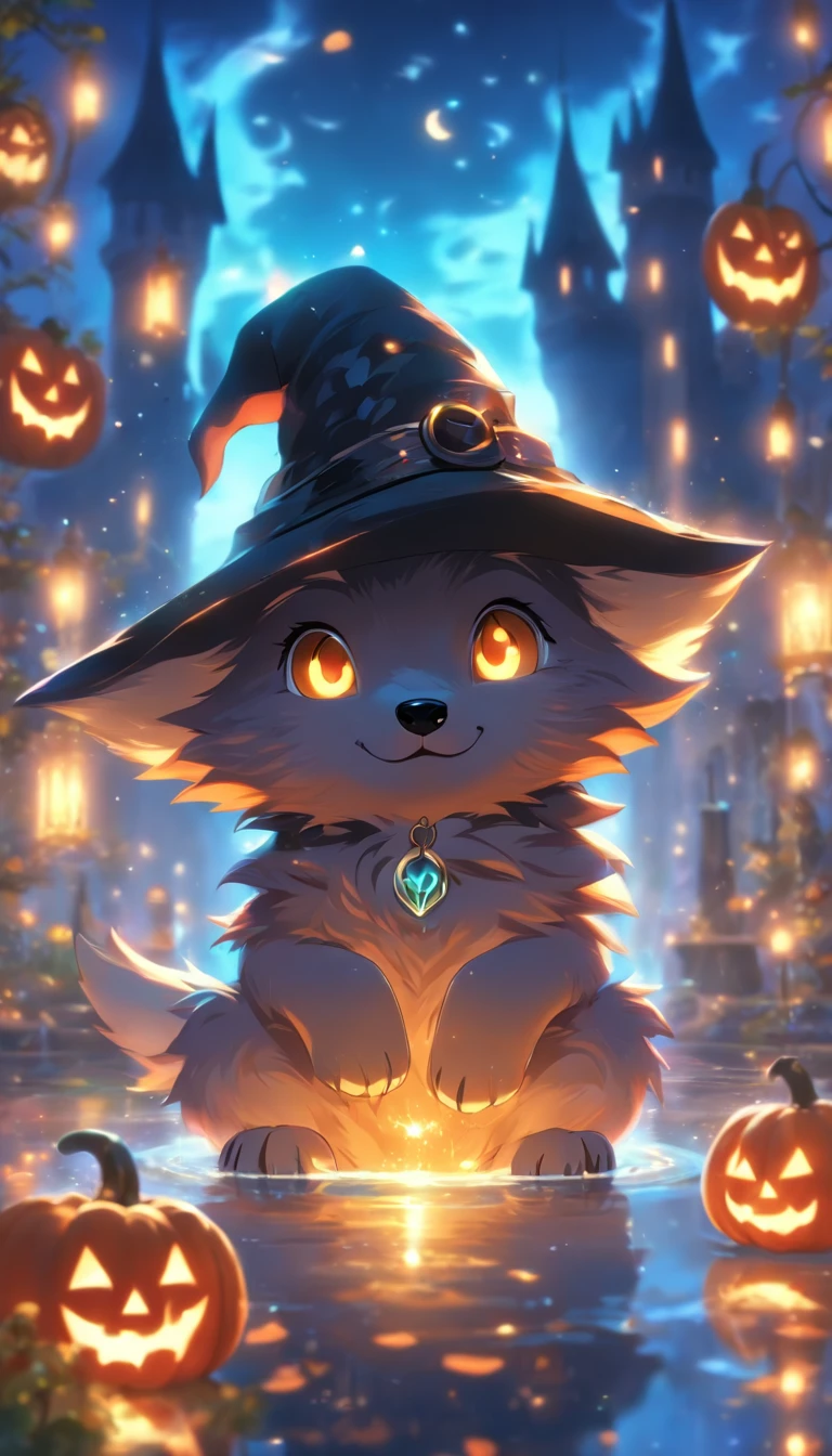 a round-eyed cute gothic wolf cub with witch hat, night aura, jack-o lantern, Garden fountain, glimmer, bokeh, Distant castle, mirror effect, volumetric lighting