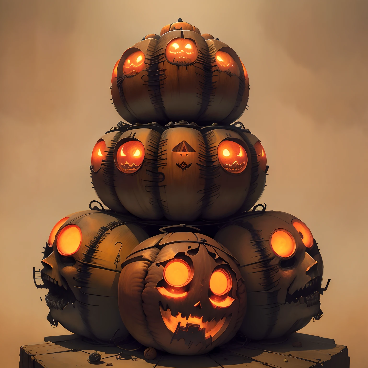 by Zdzislaw Beksinski, multiple Jack-o'-lantern, stacked Daruma game