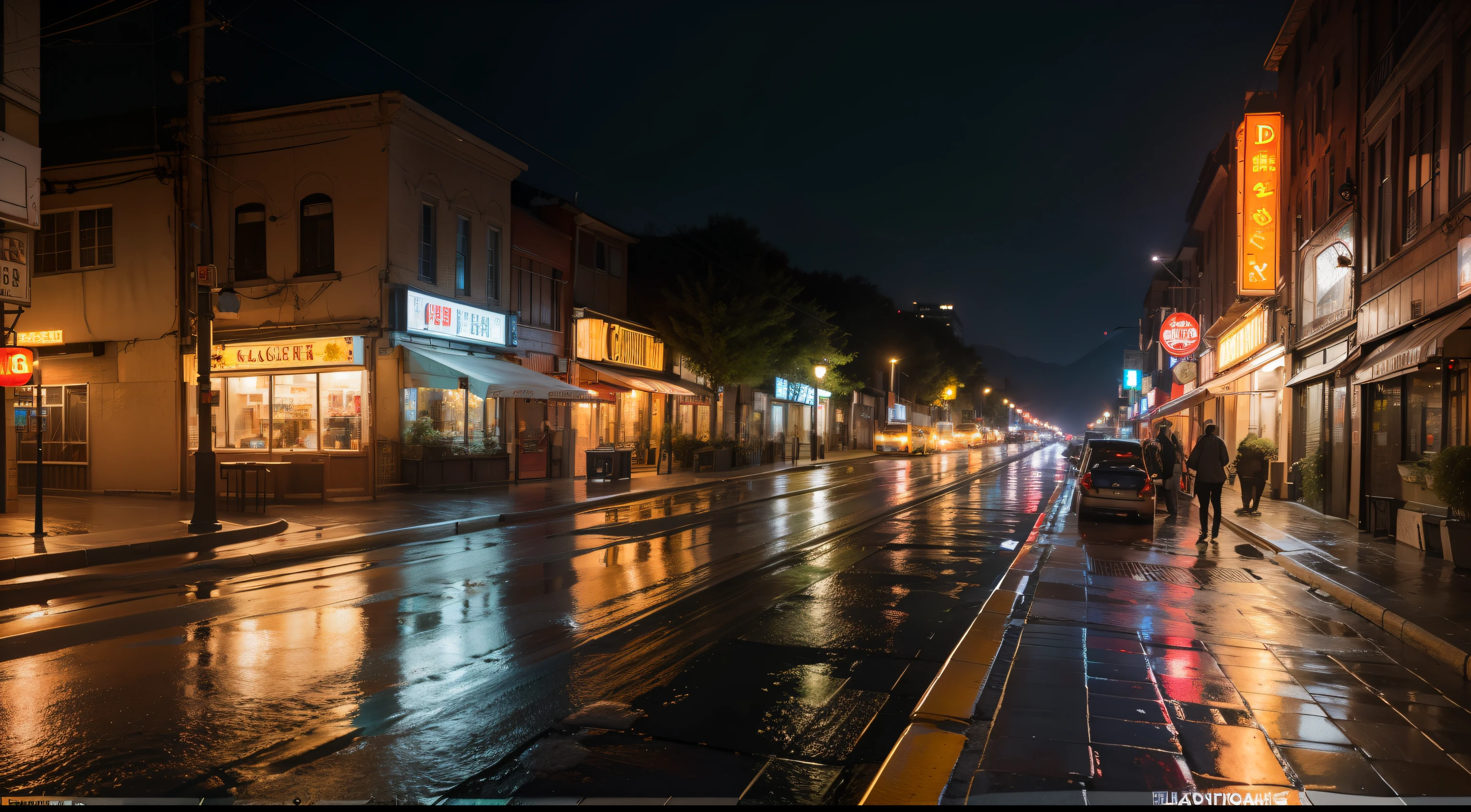 rainy evening, old city, the street, flagstone road, High detail, High detail, Neon signs in various colors，Roadside greenery，Cinematic lighting, Ray tracing, Ultra-wide angle, Satellite image, aerial shot，hyper HD, Masterpiece, Super detail, Best quality, 4K