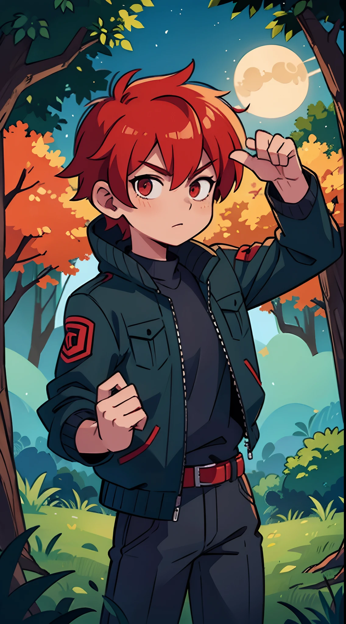 1 red haired male character looking at the stars in the forest at the night time, wearing a black jacket