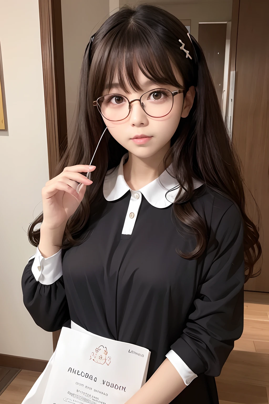 Maids、Glasses、Curly hair。Long、A dark-haired、a 、plump face、frontage
