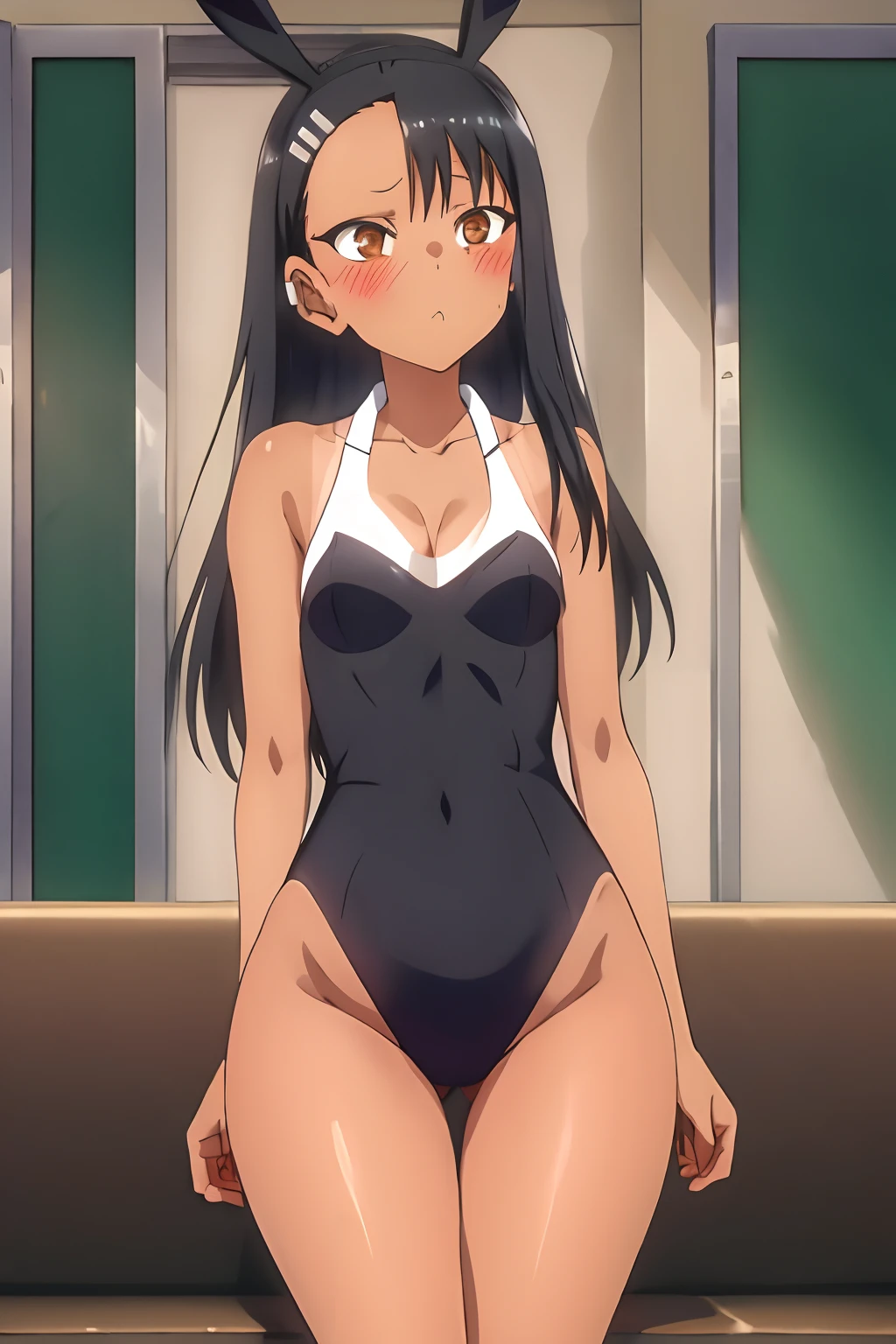 1girl, (solo), small breast, masterpiece, professional artwork, famous artwork, perfect face,nagatoro hayase, brown eyes, hairclip, black hair, cowboy shot, black hair, beautiful face, intense look, ((perfect female body, narrow waist)), background classroom,((tan lines)), looking at viewer, (((black bunny suit))), (sitting), green couch, (close up), cleavage, bunny ears, ((bare legs)), wide hips