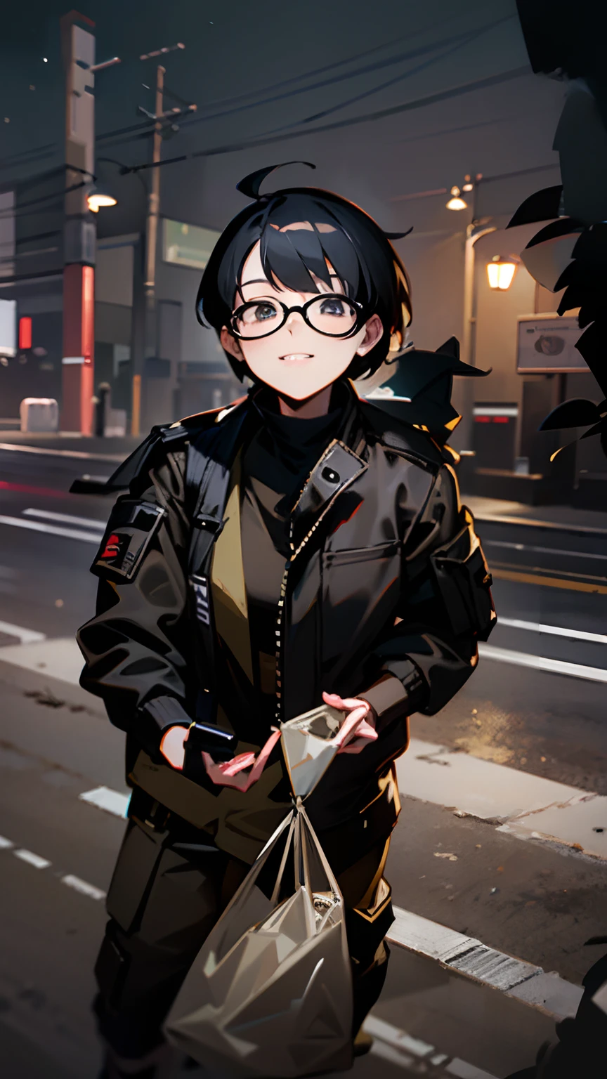 dark bomber Jacket, best quality, masterpiece, beige camouflage cargo pants, black bomber jacket, night, have a white plastic bag, road, a girl, very short hair, rectangular glasses, thin white frame grasses, obliquely crosses night road, half closed mouth, dark night, midnight, black background, black hair, smile