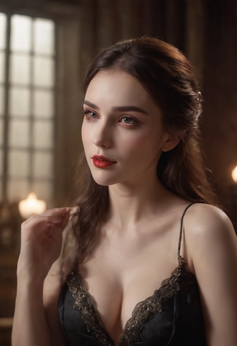 Stunning Gaia Galante, 18 years old, giant tits, (8k, RAW photo, best quality, masterpiece: 1.2), (anime: 1.37), (best quality)), ultra high resolution, extremely detailed 8k wallpaper, kodak 400 proma rendering photo, female vampire in a black dress (((A little blood is dripping from the female vampire's mouth.))) The beautiful girl is in a trance and the female vampire is satisfied. moonlight coming through the window. Bats are flying outside the window. night scene, 35mm lens shot