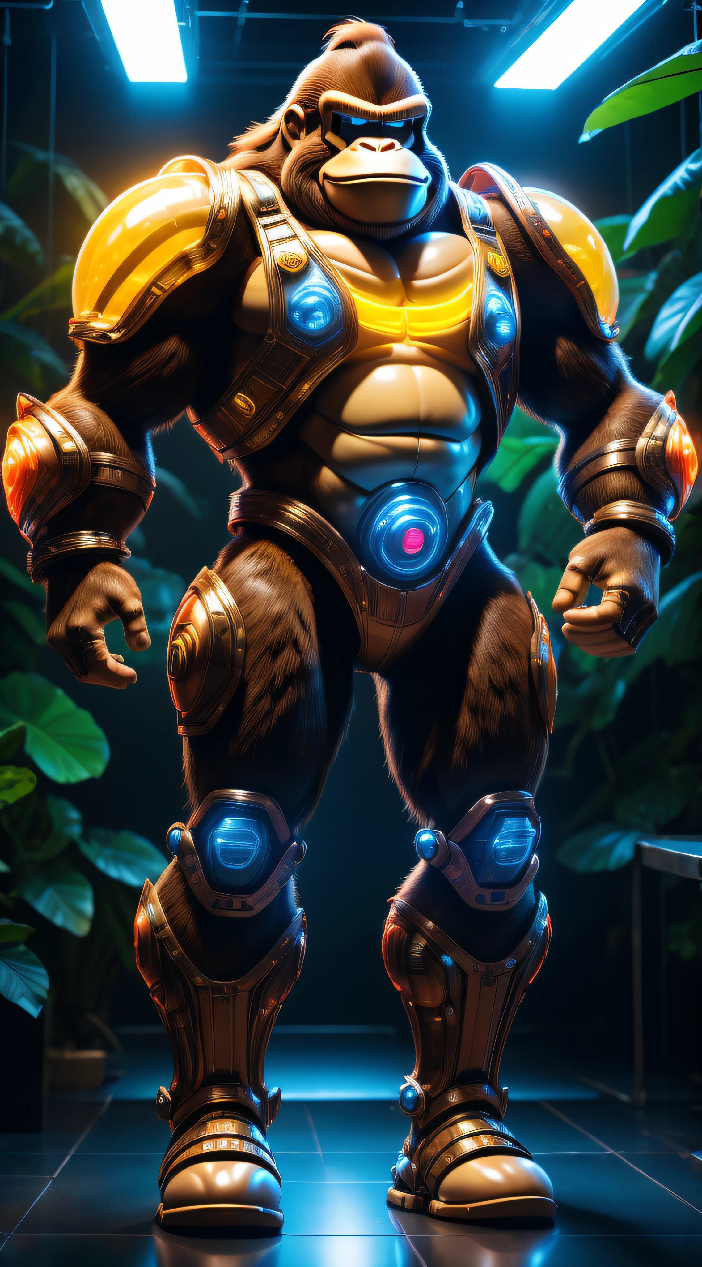 the Donkey Kong has been transformed into a bio-robot, translucent neon body armour, perfect composition, hyperrealistic, super detailed, 8k, high quality, trending art, trending on artstation, sharp focus, studio photo, intricate details, highly detailed, ((full body in shot)), jungle background