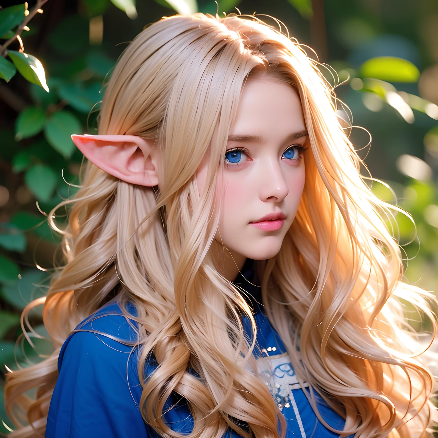 child, girl, girl, long curly hair, blonde hair, pink tip of hair, blue eyes, elf