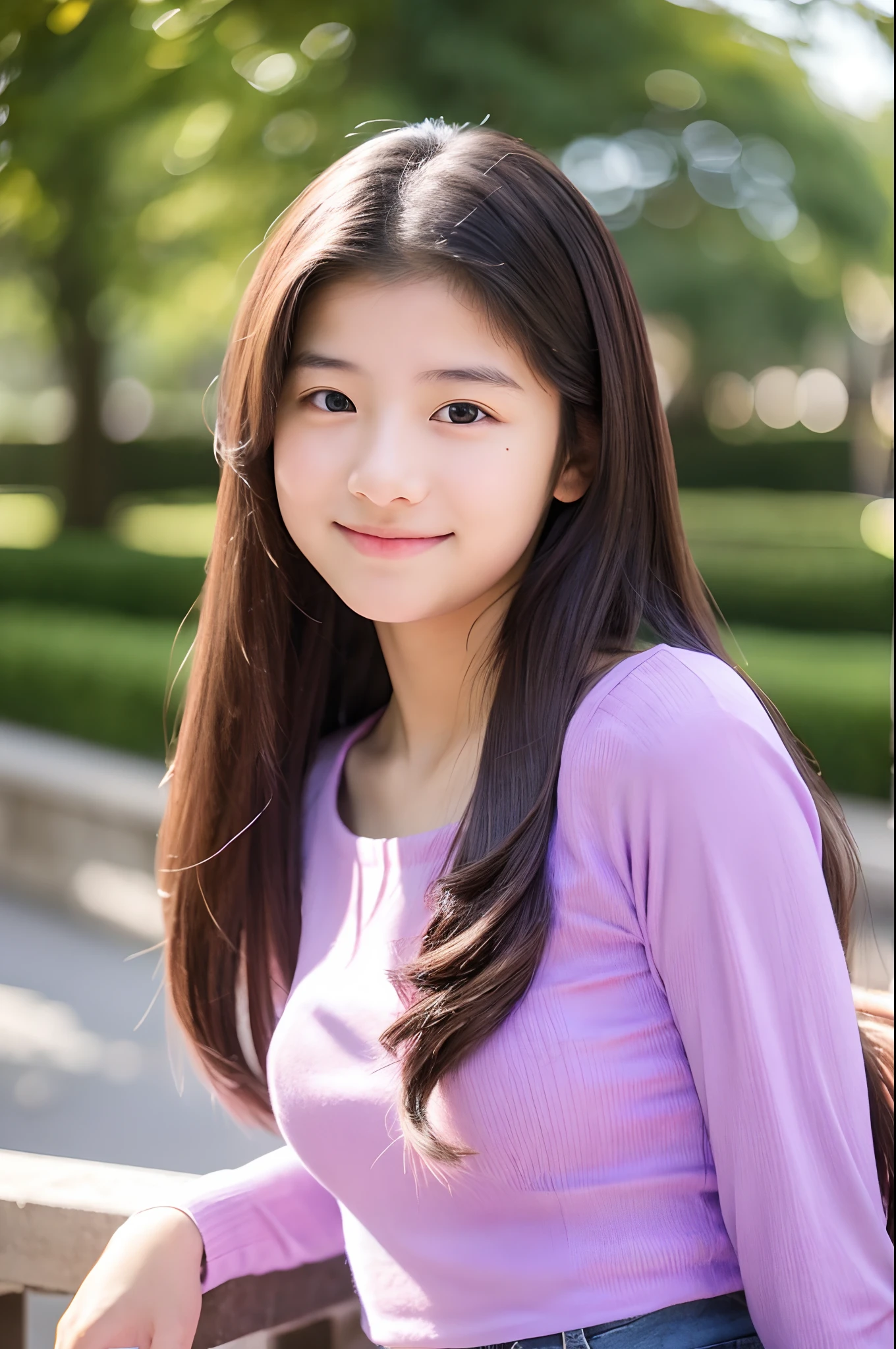 15 years old girl with long hair, adorable, light purple top.