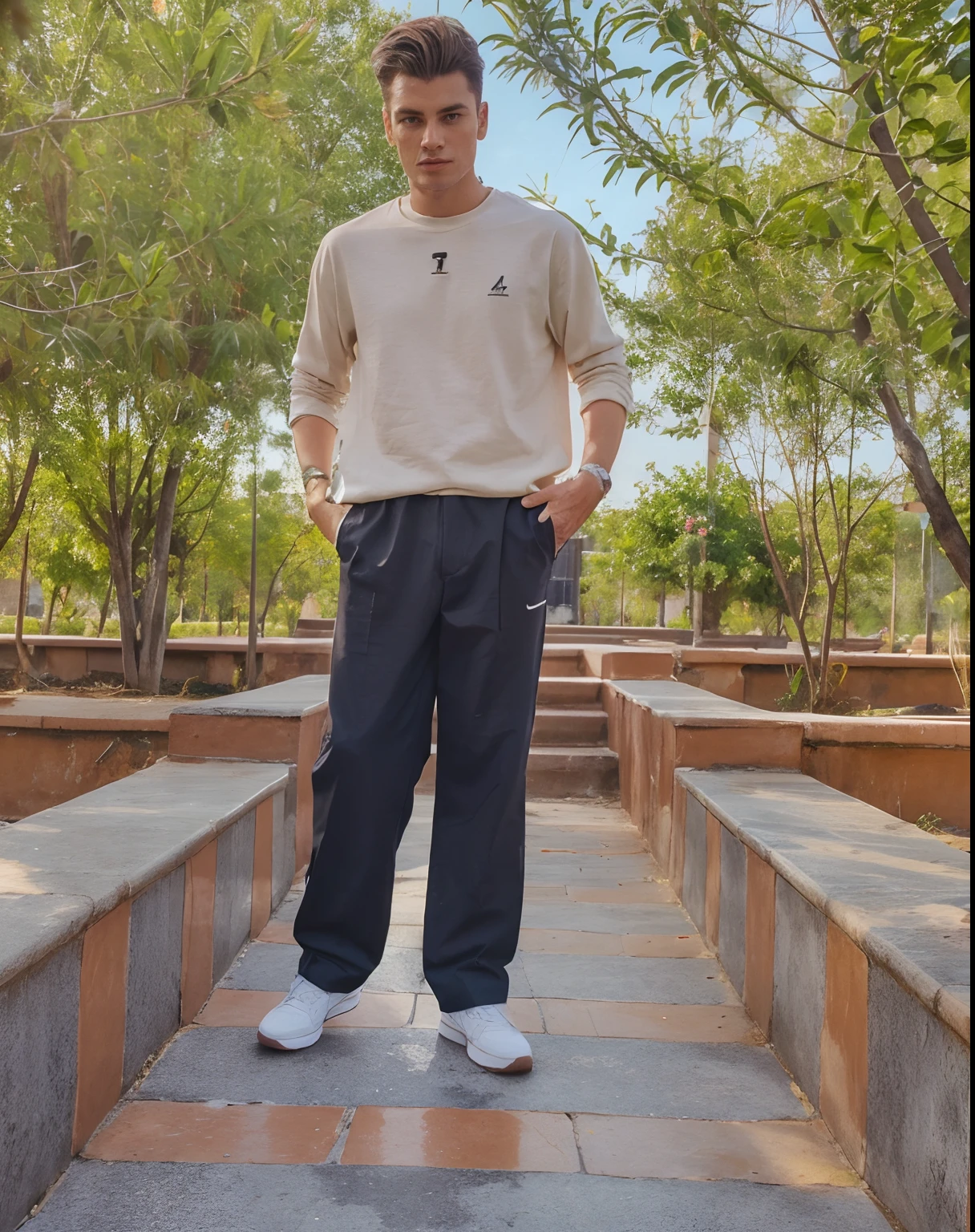 change image clothing style and futurstic background sunset