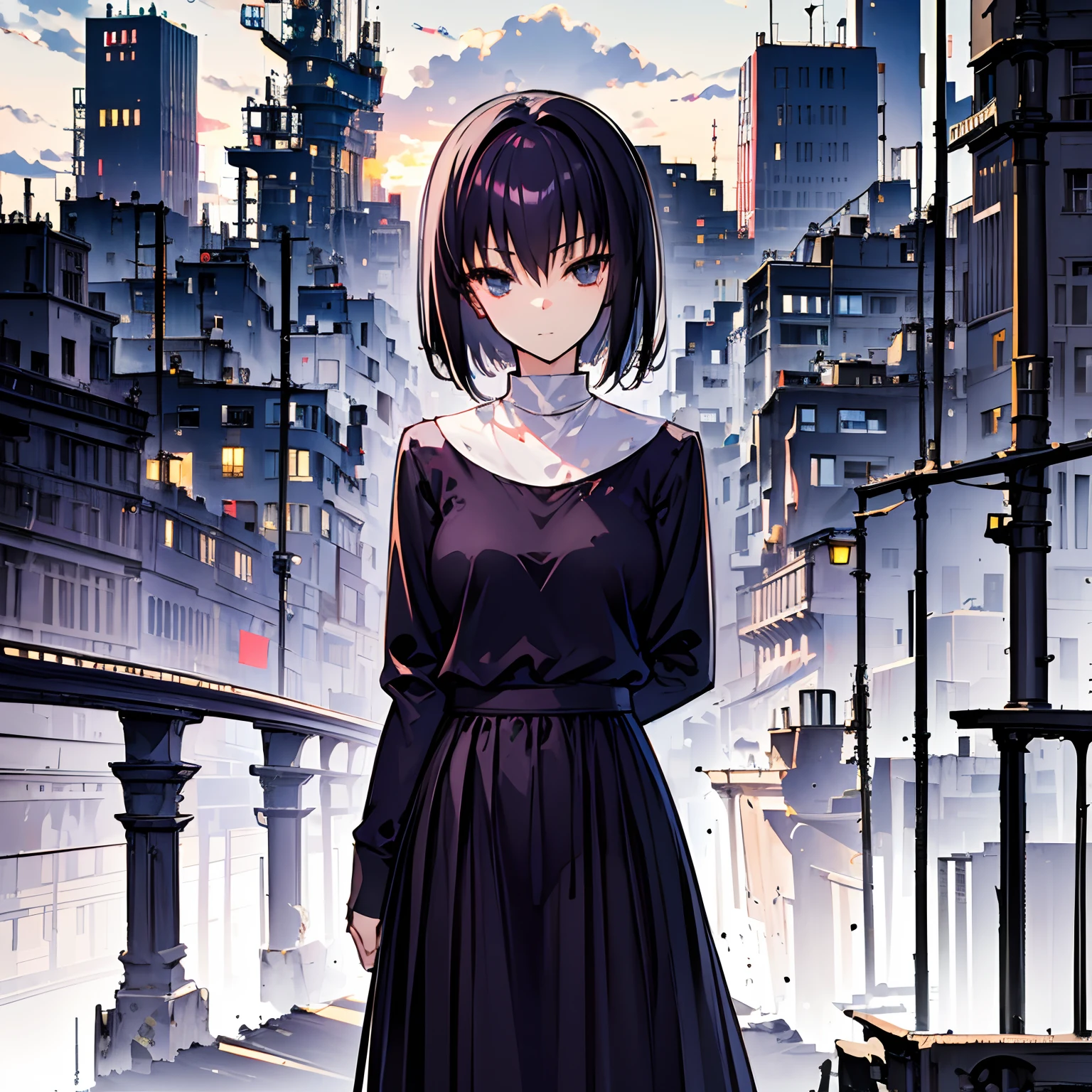 1 woman, delicate face, black hair, blue pupils, black dress, standing in the room, panicked expression, surrealism