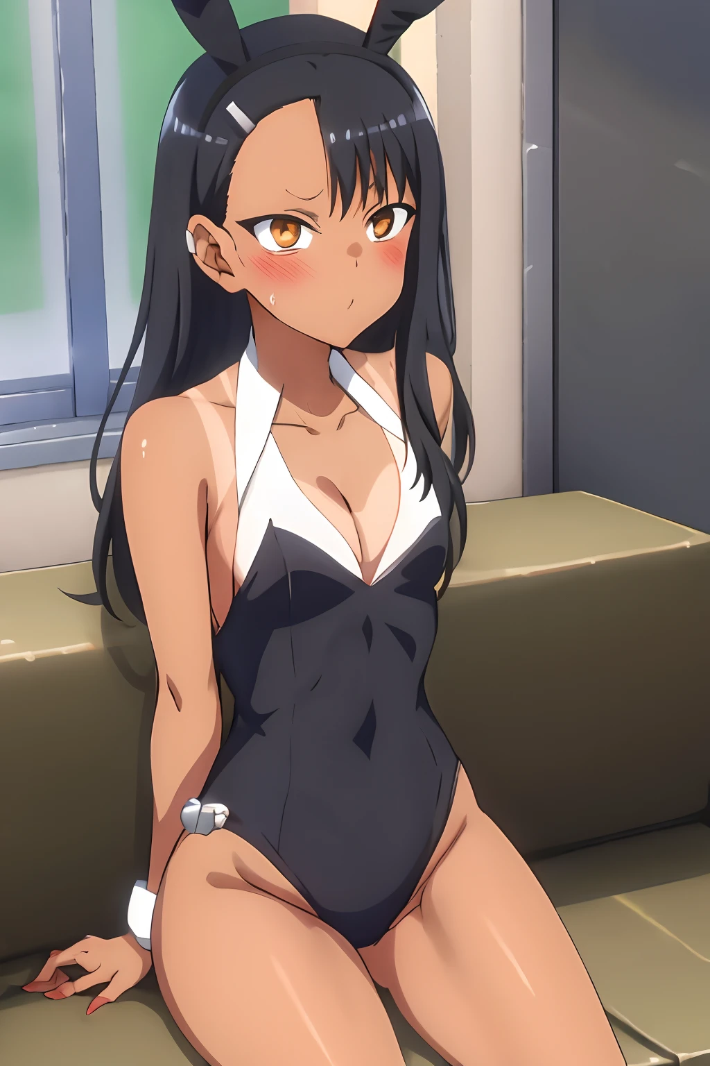 1girl, (solo), small breast, masterpiece, professional artwork, famous artwork, perfect face,nagatoro hayase, brown eyes, hairclip, black hair, cowboy shot, black hair, beautiful face, intense look, ((perfect female body, narrow waist)), background classroom,((tan lines)), looking at viewer, (((black bunny suit))), ((sitting)), green couch, (close up), cleavage, bunny ears, ((bare legs)), wide hips