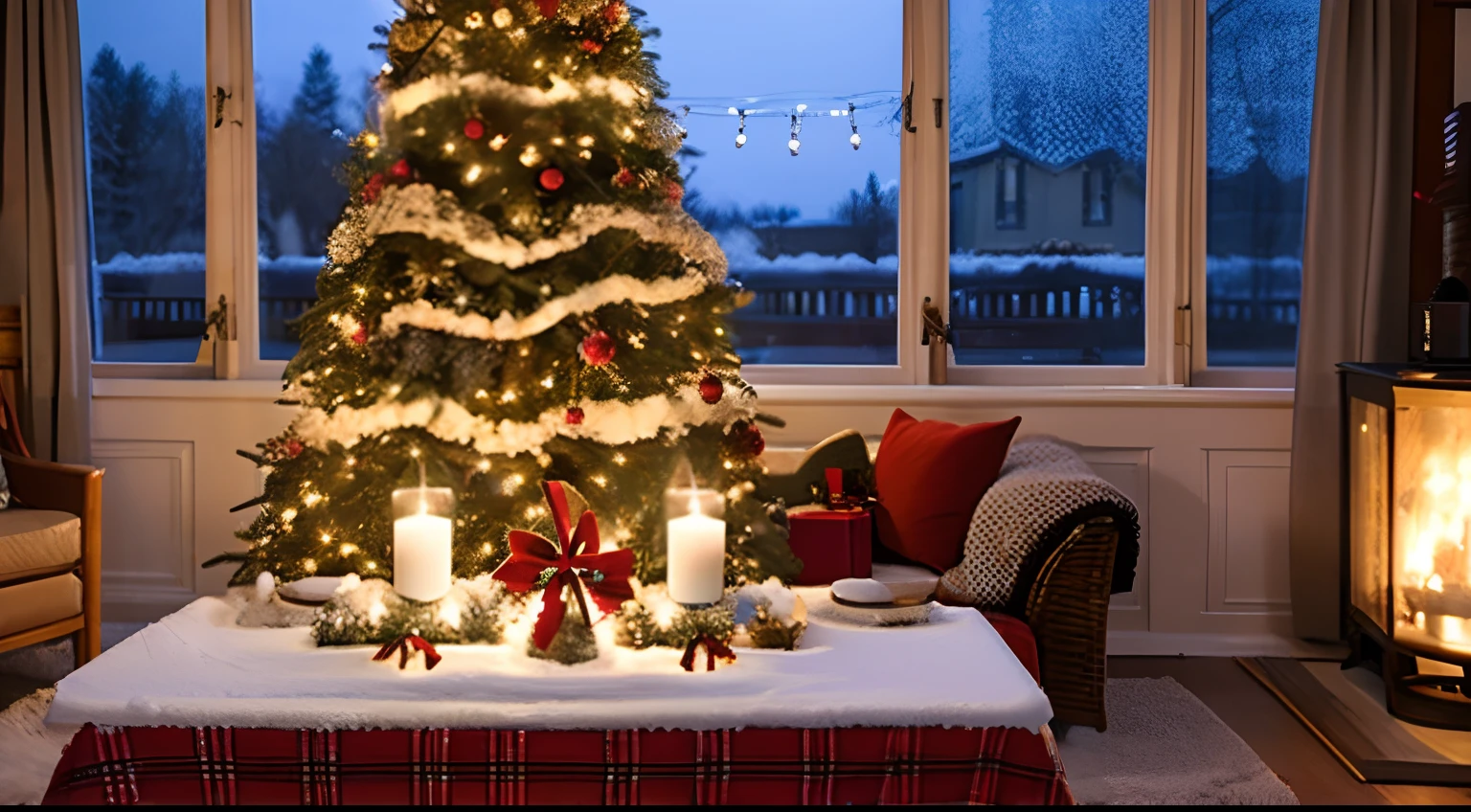 Christmas Table Tree ,livingroom natta、Snow outside、View the entire Christmas tree、Do not cut the top