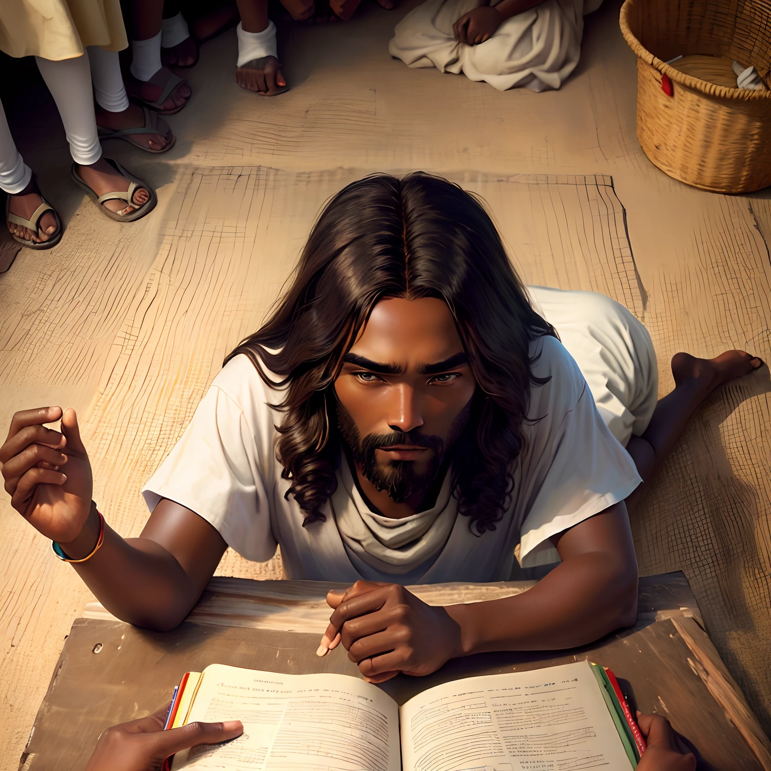 Create an image of Jesus teaching African children