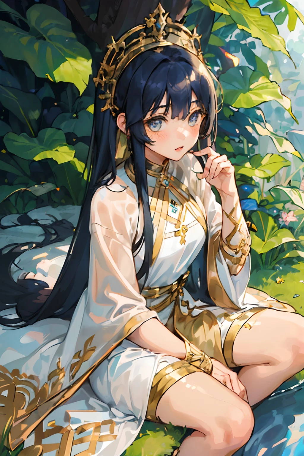 (AS-Young:1.7), (1girl:1.8), (female focus:1.2), (cute:1.7) solo, solo focus, masterpiece, ((exquisite_detail)), illustration, (handsome), extremely_detailed_CG, dark blue hair, gold eyes, blush, golden robe, merchant, leaf, looking at viewer, sitting down, (spread legs:0.9), (barefoot:0.9), cute girl