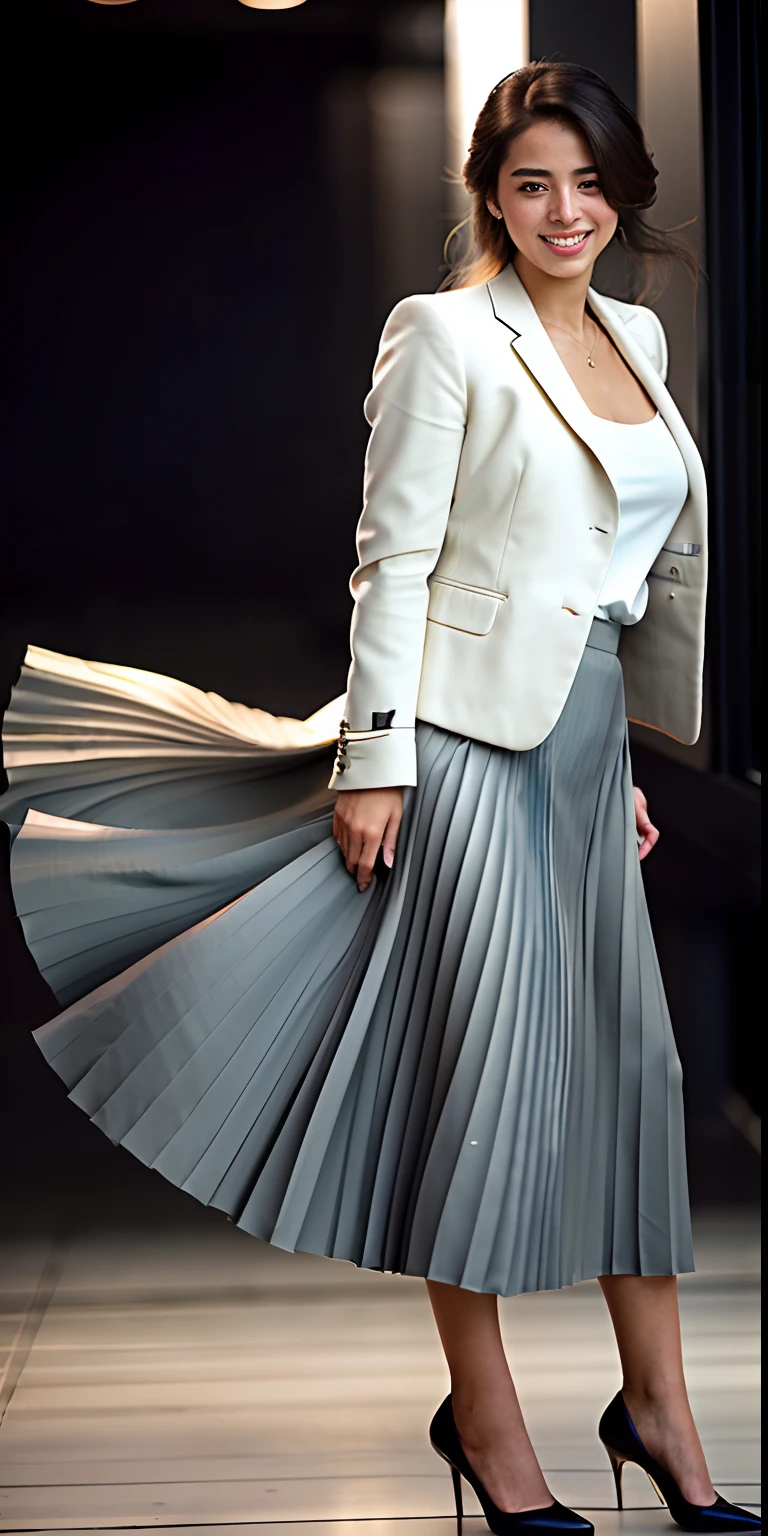 (shy:1,2) (smiling;1,1) woman playing with skirt, dancing, wearing short blazer and very very detailed (long (fully pleated) full circle skirt) and (simple) low heeled office shoes, very very intricate hyper-detailed symmetric (attractive graceful young feminine face) with (sad, tired eyes and a shy smile), large breasts, full of empathy and compassion and love, (pronounced (feminine) features), (highly detailed ultra accurate realistic) hands and fingers, (windy conditions and wind blowing), epic composition, highly detailed attributes, highly detailed space station background, (35mm f1.4 Kodak portra 400 photograph), extremely high quality RAW photograph,