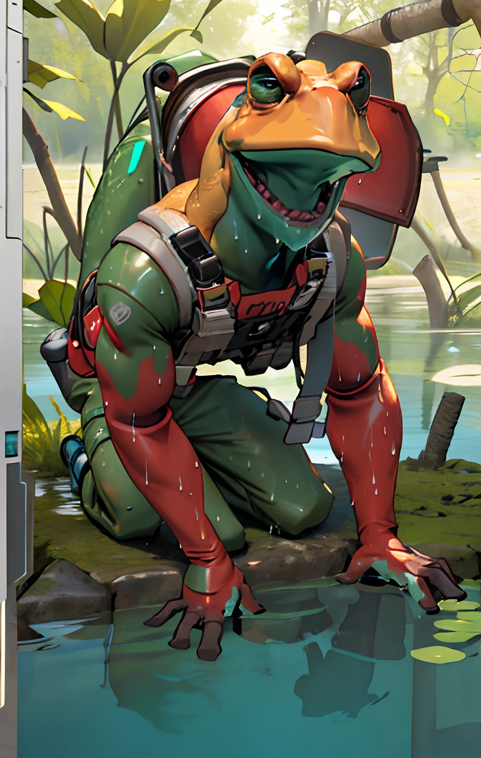 ((Cool toad in full growth)), ((Battle Toad Game)), ((Testosterone special forces warrior)), ((Waterfowl diver)),((Cheerful, strong warrior - toad)), Strong arms, broad shoulders, webbed fingers, and toes. Legs are flippers. A serious opponent, armed with a tactical knife on his belt, chest pockets, and diving equipment on his back. Light weapon on the belt. Green skin, blisters, pimples, green disguise. Swamp, greenery, bright sunny day, nature, pond.
  Animated character, three-dimensional film, high-quality skin textures, wet shine on the body. Light from the side, heroic shot. Best quality 3D animation, unreal engine, | Ultra HD | Full HD, cinematic rendering, 3D visualization - a masterpiece, TOP computer graphics ART. 8K, motion capture, skin pores, light-sun, shading, detailed body - equipment. (vivid, photorealistic, sharp focus, 8K). High-detail textures, fabric, leather, metal, bone. Textures, high quality, (green shades, metallic shine), Military equipment on a loose torso, diving suit. Film grain, water, shine on the skin, humid air, the contrast of cold shadows and warm golden light. Behind the character, dark dust, a lake swamp, whirlwinds of dead souls.