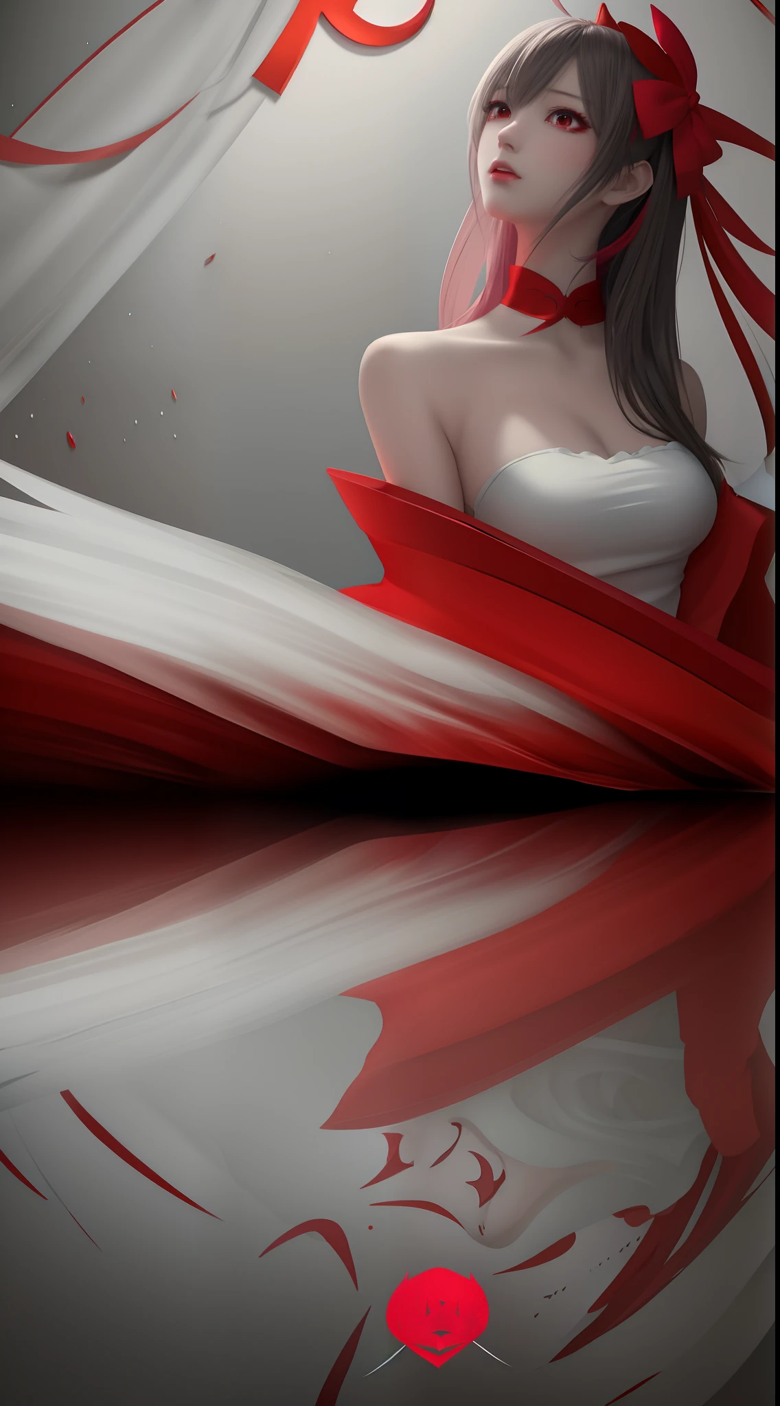 Anime girl in red dress with white mask and red bow, Anime art wallpaper 8 K, beautiful and seductive anime woman, grayscale phtoto with red dress, by Yang J, Beautiful anime woman, 8K high quality detailed art, Fantasy art style, 4K anime wallpaper, style of anime4 K, Extremely detailed Artgerm, Anime art wallpaper 4 K