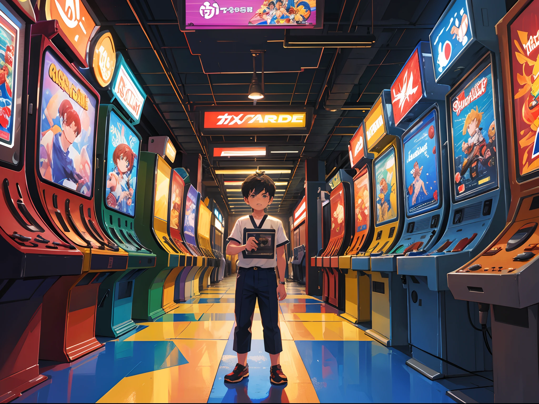 (best qualtiy, tmasterpiece), A popular arcade arcade in the 90s, A handsome little boy passionately plays Street Fighter fighting games, He stands in front of an arcade machine with a color display, Showcasing the game's exciting visuals. There is a strong sense of nostalgia in the air. The arcade is brightly lit, The walls are decorated with classic game posters and three-dimensional models of game characters, The little boy holds the joystick of the arcade machine, Manipulate his characters quickly and skillfully, Display gorgeous combos and skills on the screen, (fang, anime style, wide shot, sideways, 8k, super detail, ccurate, best quality, anatomically correct, highres)