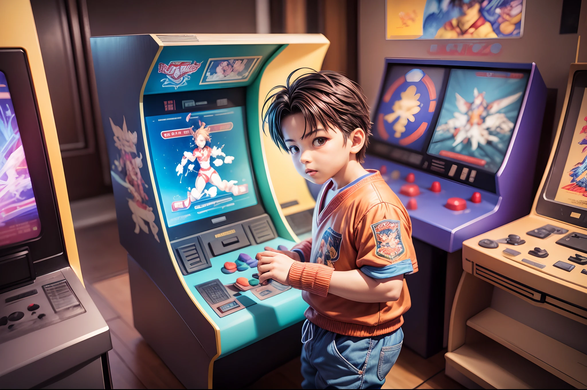 （best qualtiy， tmasterpiece）， 独奏， A popular arcade arcade in the 90s, A handsome little boy passionately plays Street Fighter fighting games, He stands in front of an arcade machine with a color display, Showcasing the game's exciting visuals. There is a strong sense of nostalgia in the air. The arcade is dimly lit, The walls are decorated with classic game posters and three-dimensional models of game characters, The little boy holds the joystick of the arcade machine, Manipulate his characters quickly and skillfully, Display gorgeous combos and skills on the screen, (fang, anime style, wide shot, sideways, 8k, super detail, ccurate, best quality, anatomically correct, highres)