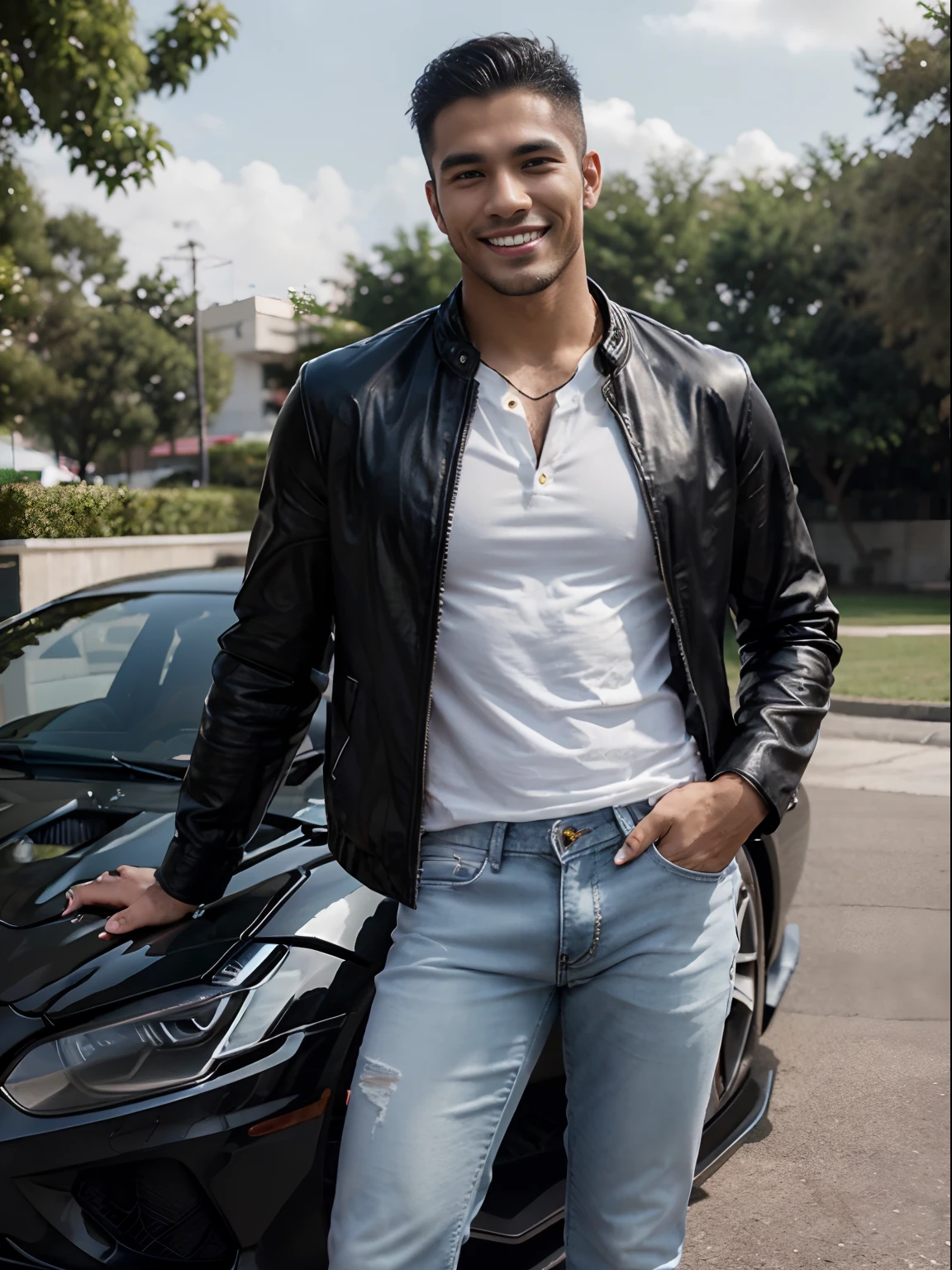 Full-body photo of tall, handsome and hunky malaysian-latino man posing with his satin-black ferrari f8 tributo, 23 years old, good-looking, hunky, muscular, bachelor, chiseled jaw, wearing leather jacket, white shirt and denim jeans, smiling at camera