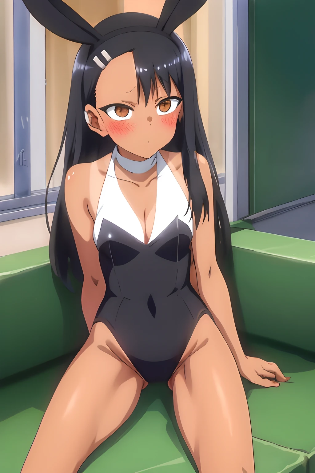 1girl, (solo), small breast, masterpiece, professional artwork, famous artwork, perfect face,nagatoro hayase, brown eyes, hairclip, black hair, cowboy shot, black hair, beautiful face, intense look, ((perfect female body, narrow waist)), background classroom,((tan lines)), looking at viewer, (((black bunny suit))), ((sitting)), green couch, (close up), cleavage, bunny ears, ((bare legs)), wide hips