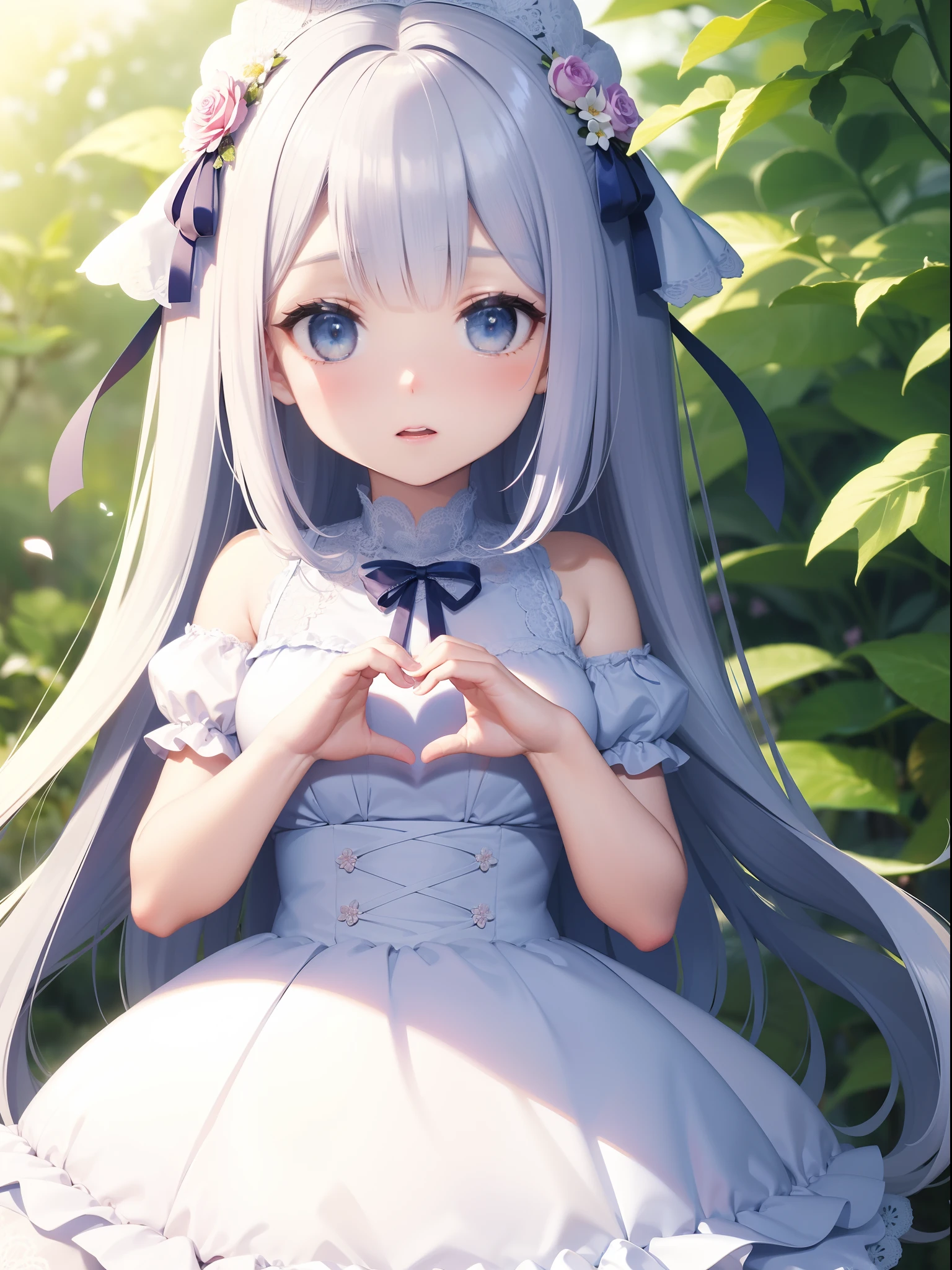 within a park, flowers all around, masterpiece, best quality, ultra-detailed, illustration, 1girl, solo, close-up, ((surprised)), blue_eyes, open_mouth, blush, eyebrows_visible_through_hair, long_hair, hair_ribbon, ribbon, frills, lace, white_dress, cute, soft_shading, watercolor, pastel_colors, flower, petals, bokeh, (big sized heart shaped accessory on hair:1.3)