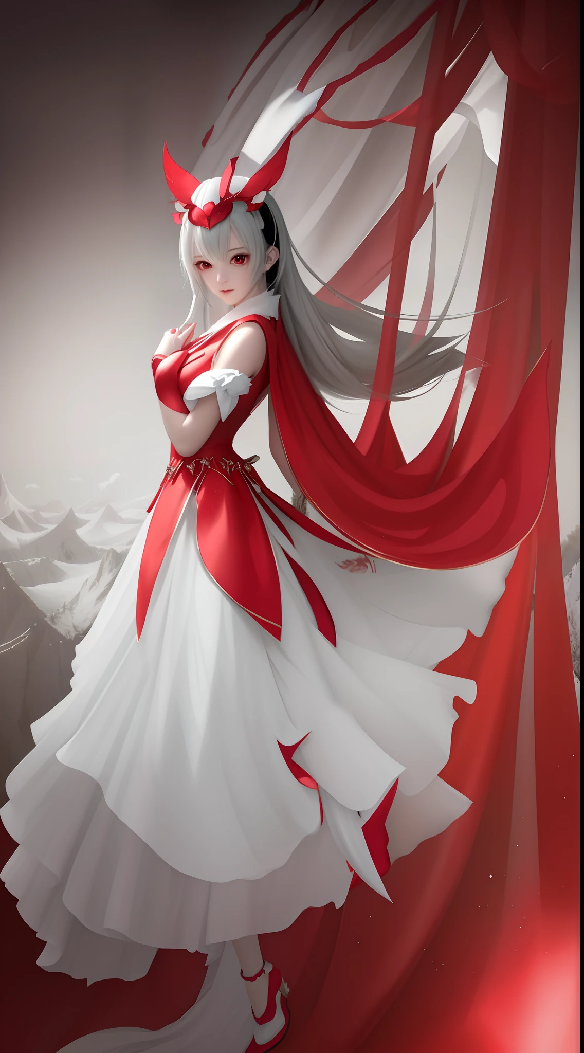 Anime girl in red dress with white mask and red bow, Anime art wallpaper 8 K, beautiful and seductive anime woman, grayscale phtoto with red dress, by Yang J, Beautiful anime woman, 8K high quality detailed art, Fantasy art style, 4K anime wallpaper, style of anime4 K, Extremely detailed Artgerm, Anime art wallpaper 4 K