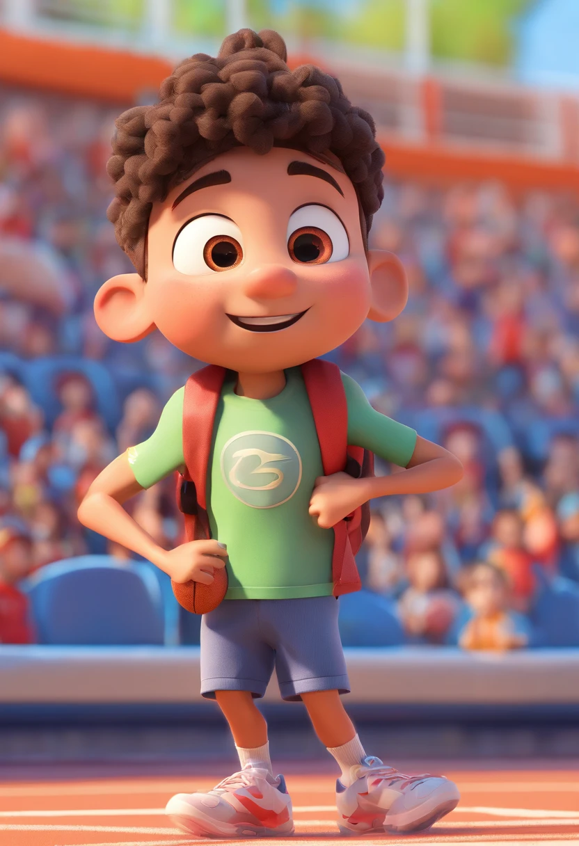 Cartoon boy with backpack and basketball in front of the crowd, 3D cinematic animation, Animated Movies, pixar 3 d animation style, Pixar render, Maya 8000, Animated Movies, disney pixar 3d style, Running around the pitch with a smile on his face, In another photo，The same boy hugged a teacher