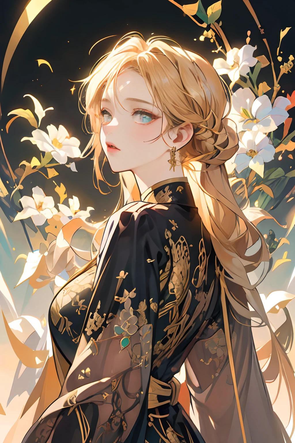 （tmasterpiece，top Quority，best qualtiy，offcial art，Beautiful and aesthetic：1.2），（1girll），Extremely detailed，Colorful，highestdetailed，offcial art，统一 8k 壁纸，ultra - detailed，Beautiful and aesthetic，big breasts beautiful，tmasterpiece，best qualtiy，（zentangle，datura，Tangles，entangled），holy rays，gold foil，Gold leaf art，glitter drawing，PerfectNwsjMajic，delicated face，Elaborate Eyes