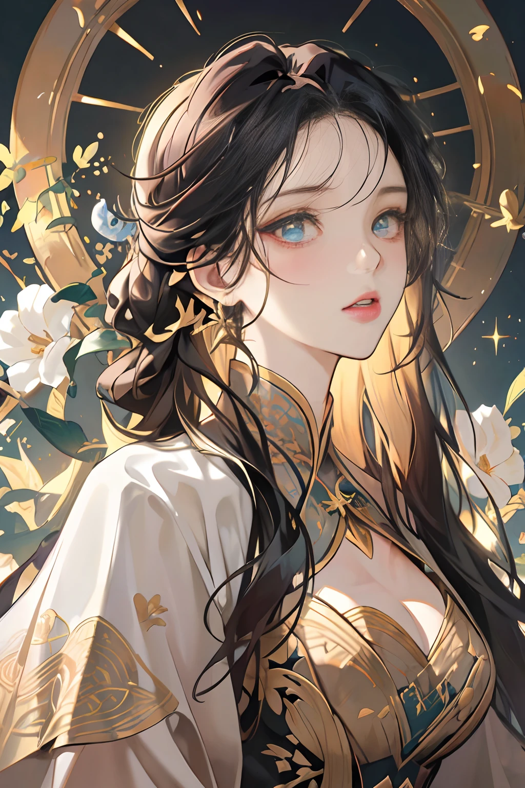 （tmasterpiece，top Quority，best qualtiy，offcial art，Beautiful and aesthetic：1.2），（1girll），Extremely detailed，Colorful，highestdetailed，offcial art，统一 8k 壁纸，ultra - detailed，Beautiful and aesthetic，big breasts beautiful，tmasterpiece，best qualtiy，（zentangle，datura，Tangles，entangled），holy rays，gold foil，Gold leaf art，glitter drawing，PerfectNwsjMajic，delicated face，Elaborate Eyes