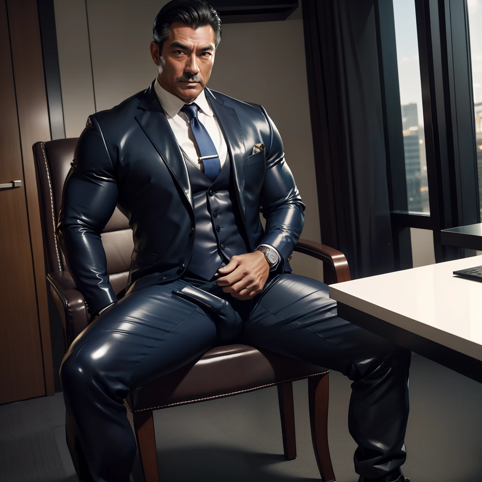 50 years old,daddy ,shiny suit ,Dad sat on a chair full body,k hd,in the office,big muscle, gay ,black hair,asia face,masculine,strong man,the boss is,handsome,sex,leather gloves,lecherous dad,look straight ahead,dad is handsome,dad is hot man,dad is erection,dad is sex dad,dad wears chelsea boots man,daddy is top