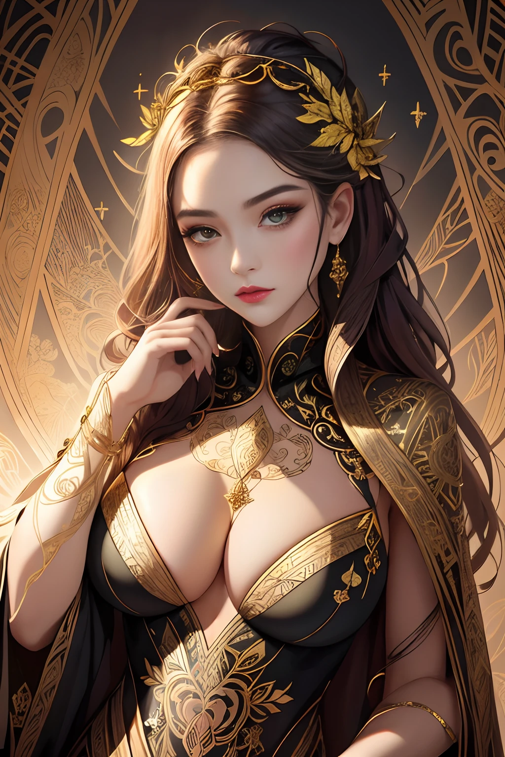 （tmasterpiece，top Quority，best qualtiy，offcial art，Beautiful and aesthetic：1.2），（1girll），Extremely detailed，Colorful，highestdetailed，offcial art，统一 8k 壁纸，ultra - detailed，Beautiful and aesthetic，big breasts beautiful，tmasterpiece，best qualtiy，（zentangle，datura，Tangles，entangled），holy rays，gold foil，Gold leaf art，glitter drawing，PerfectNwsjMajic，delicated face，Elaborate Eyes